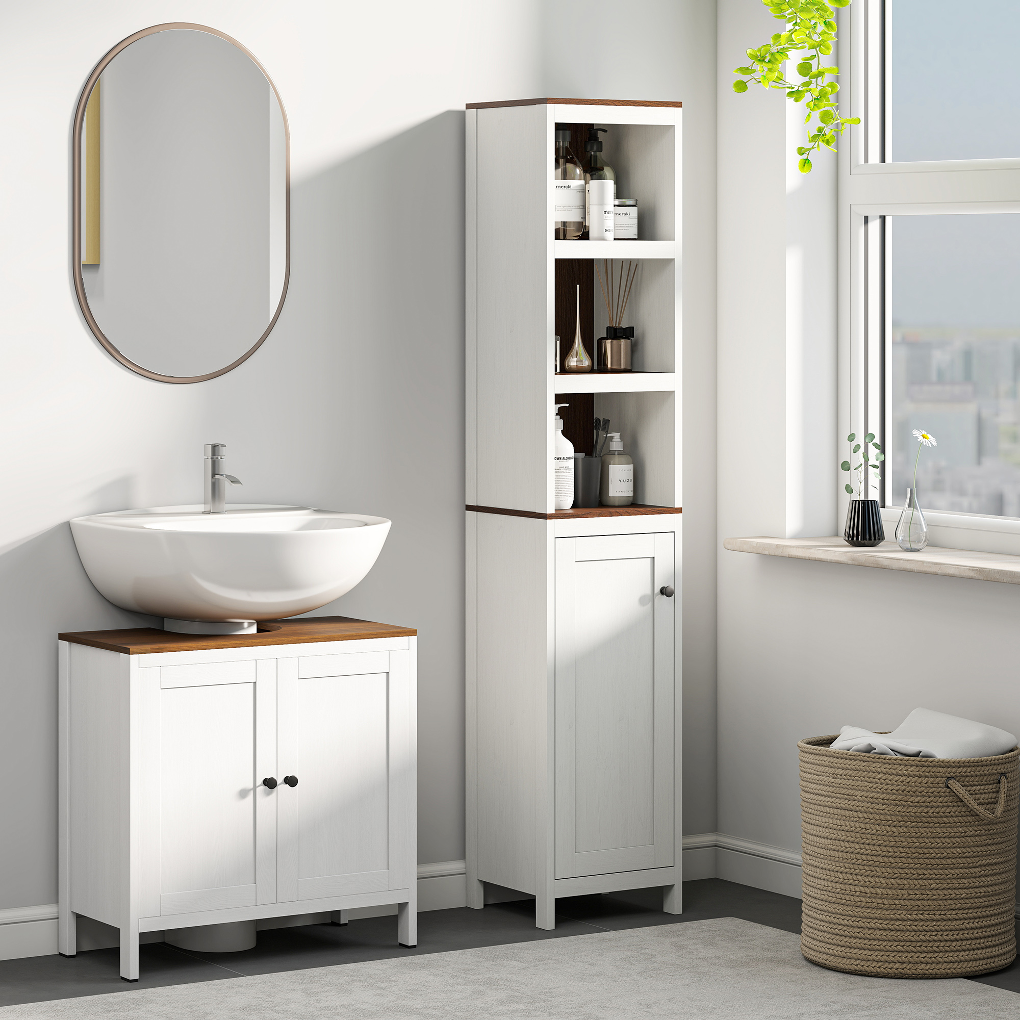 Una escena de baño con lavabo, espejo, mueble alto y cesta de lavandería.