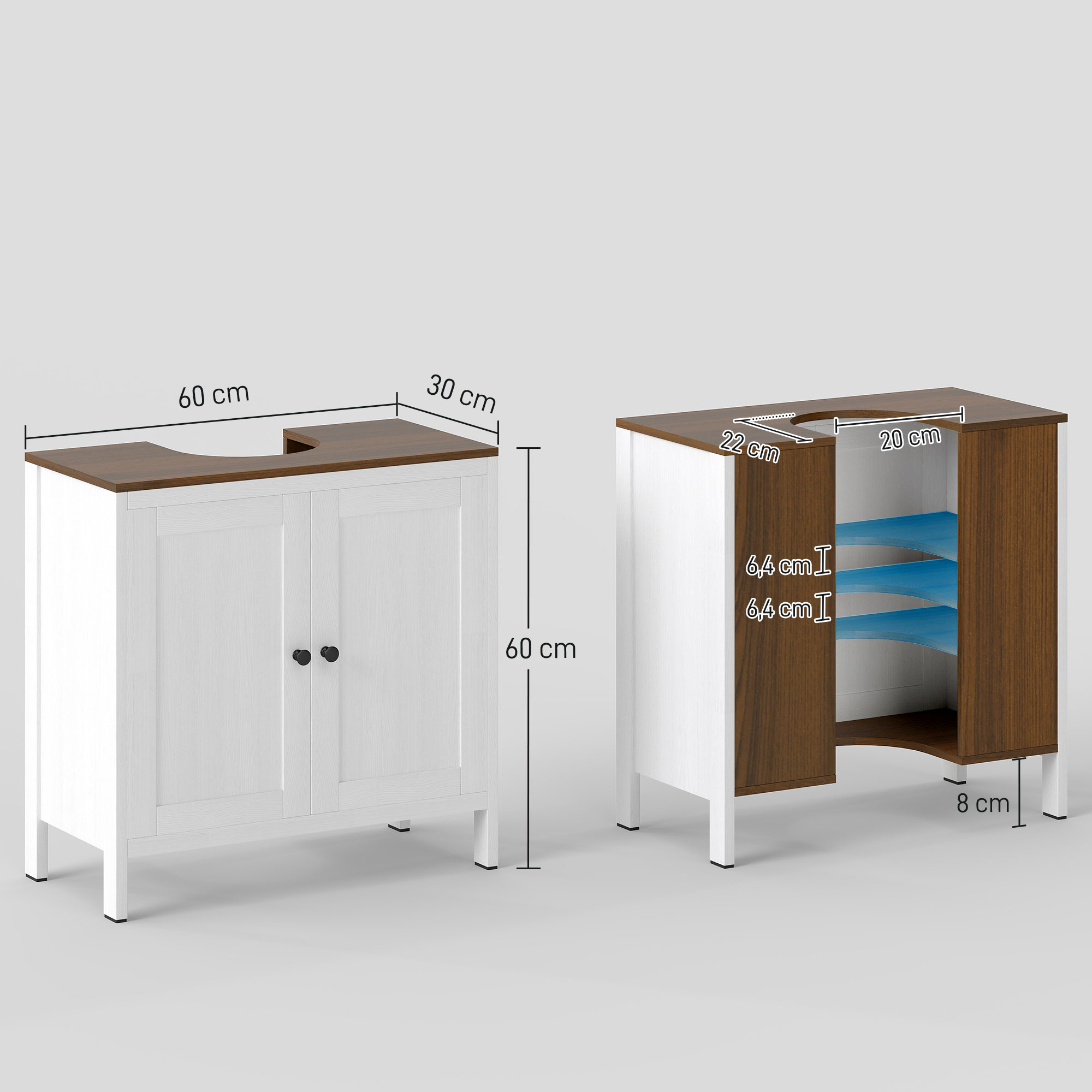 Dos muebles de baño blancos con tapa de madera, se muestran las medidas.
