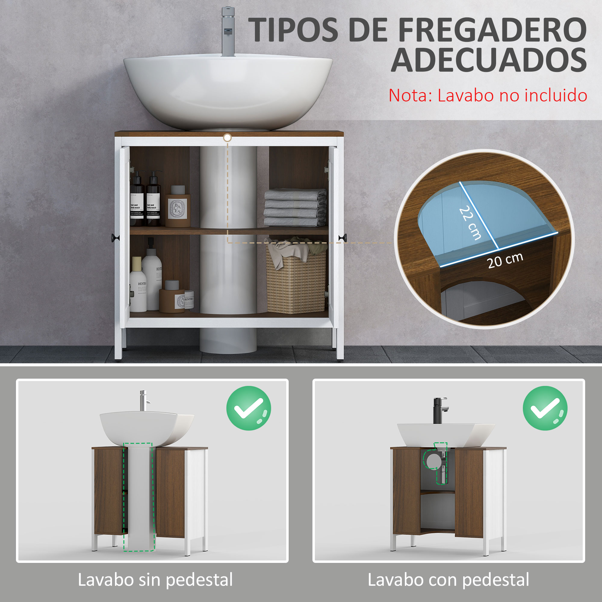 Mueble de baño con lavabo, mostrando medidas y opciones de instalación.