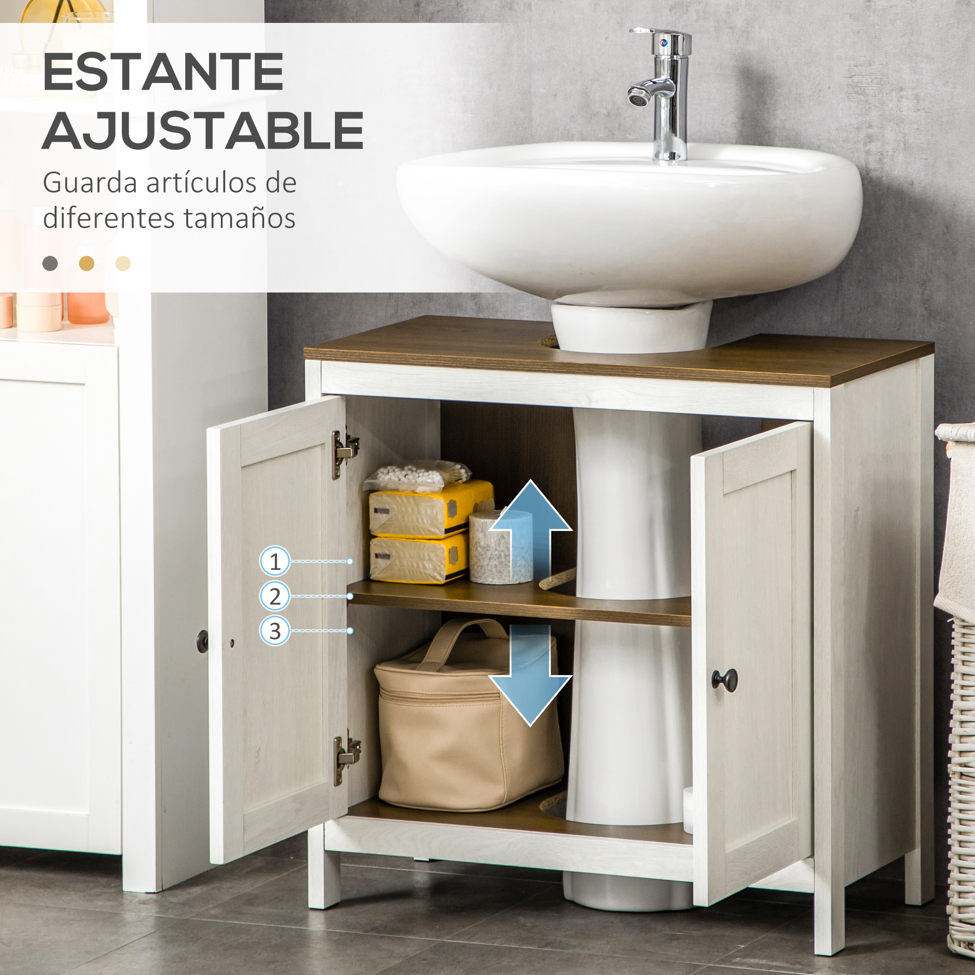 Un mueble de baño blanco con dos puertas abiertas muestra estantes con artículos.