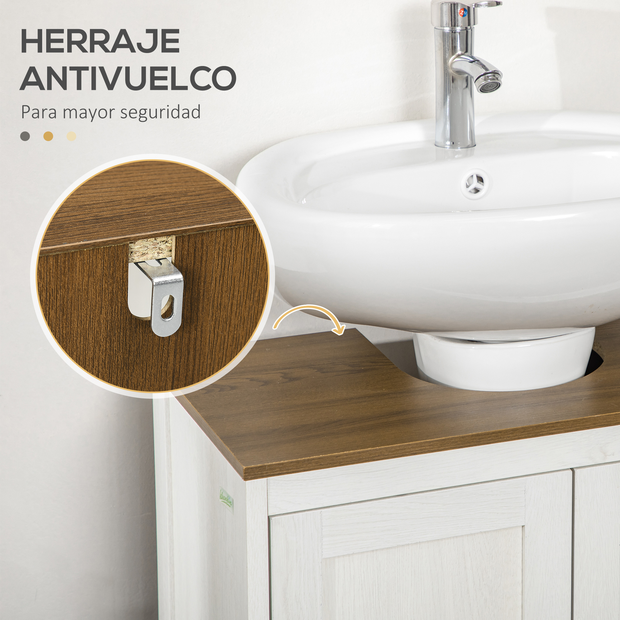 Mueble de baño con lavabo y grifo, con primer plano de un soporte de pared.