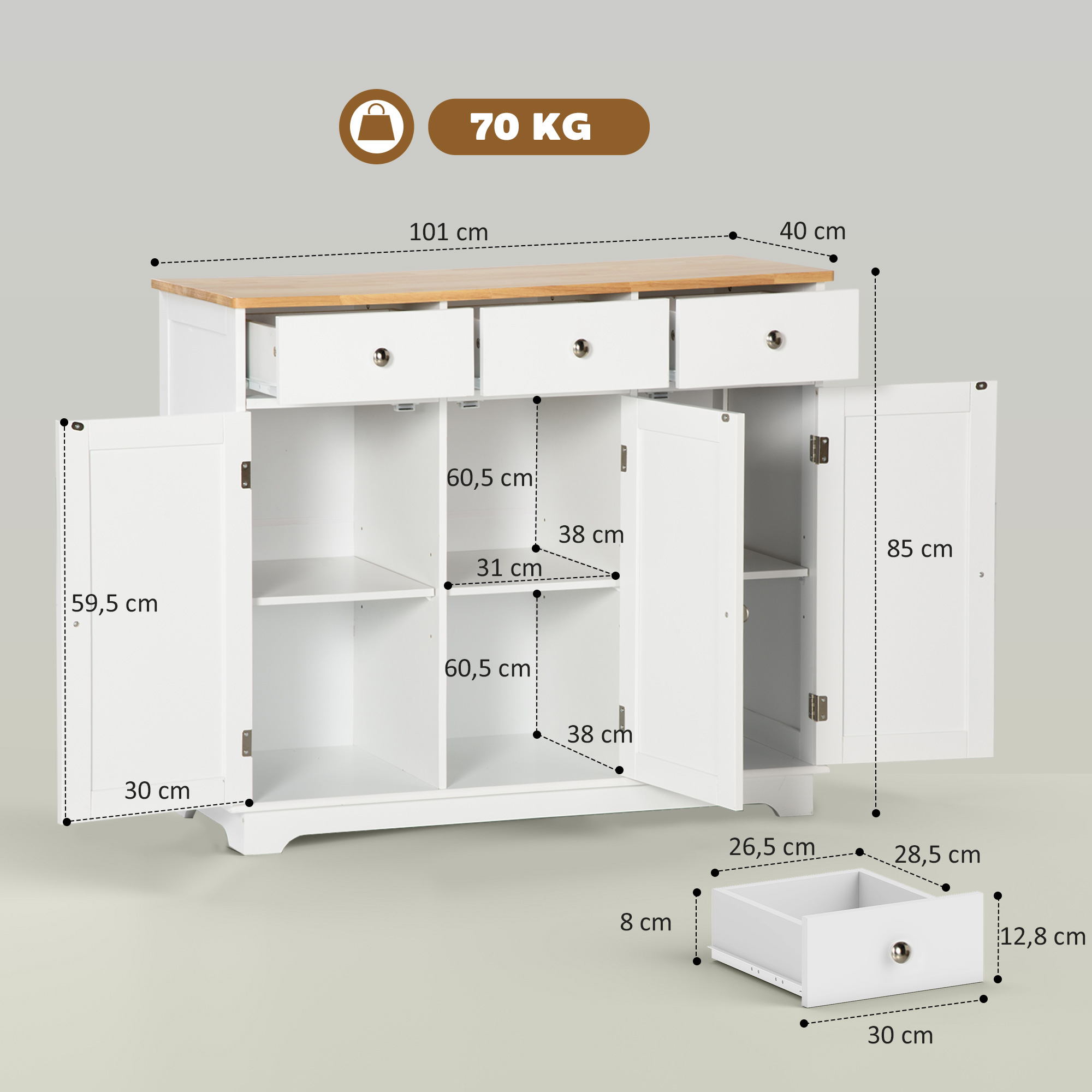Cómoda blanca con tapa de madera y dimensiones. Carga máx. 70 kg.