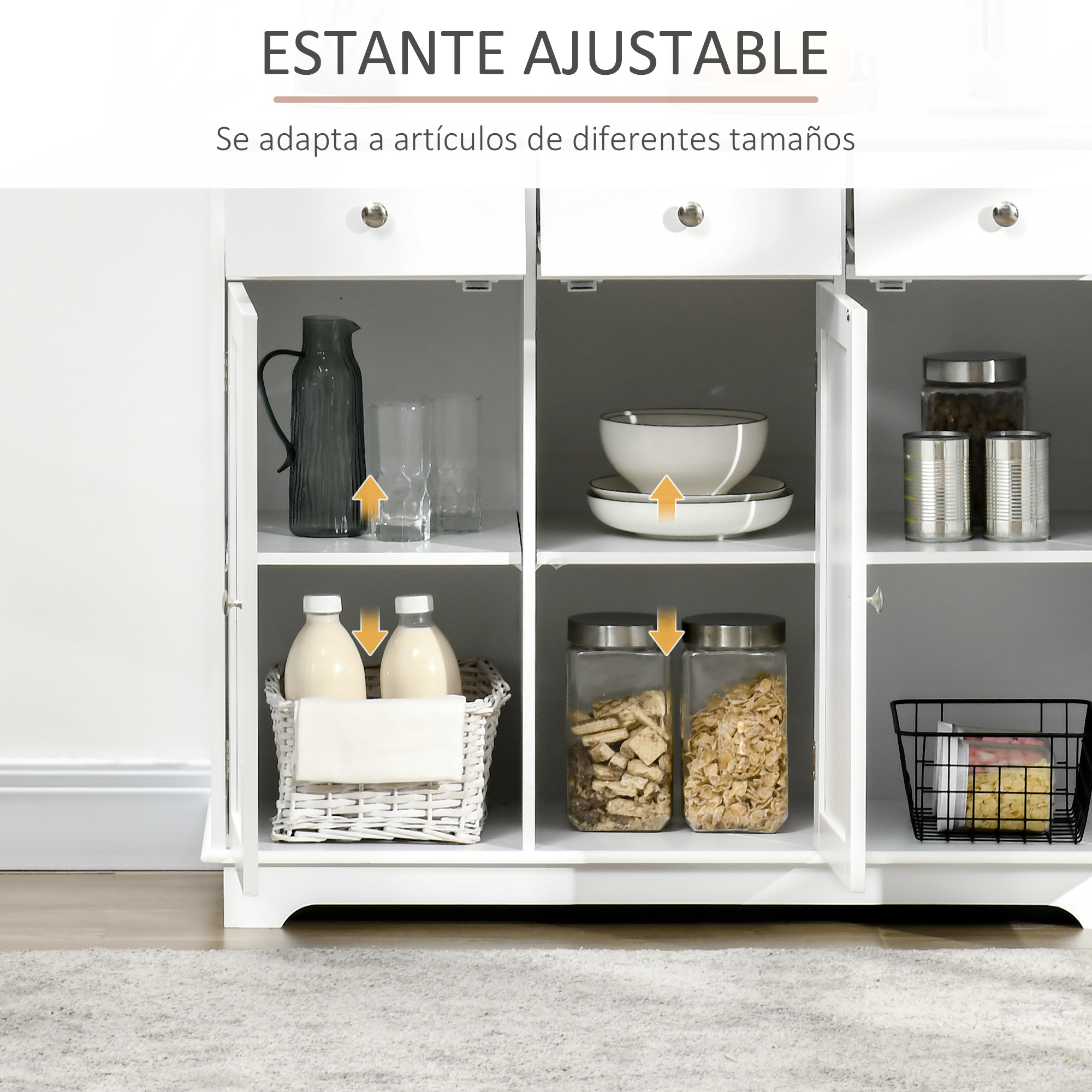 Un mueble blanco con varios recipientes, botellas, cuencos y una cesta.