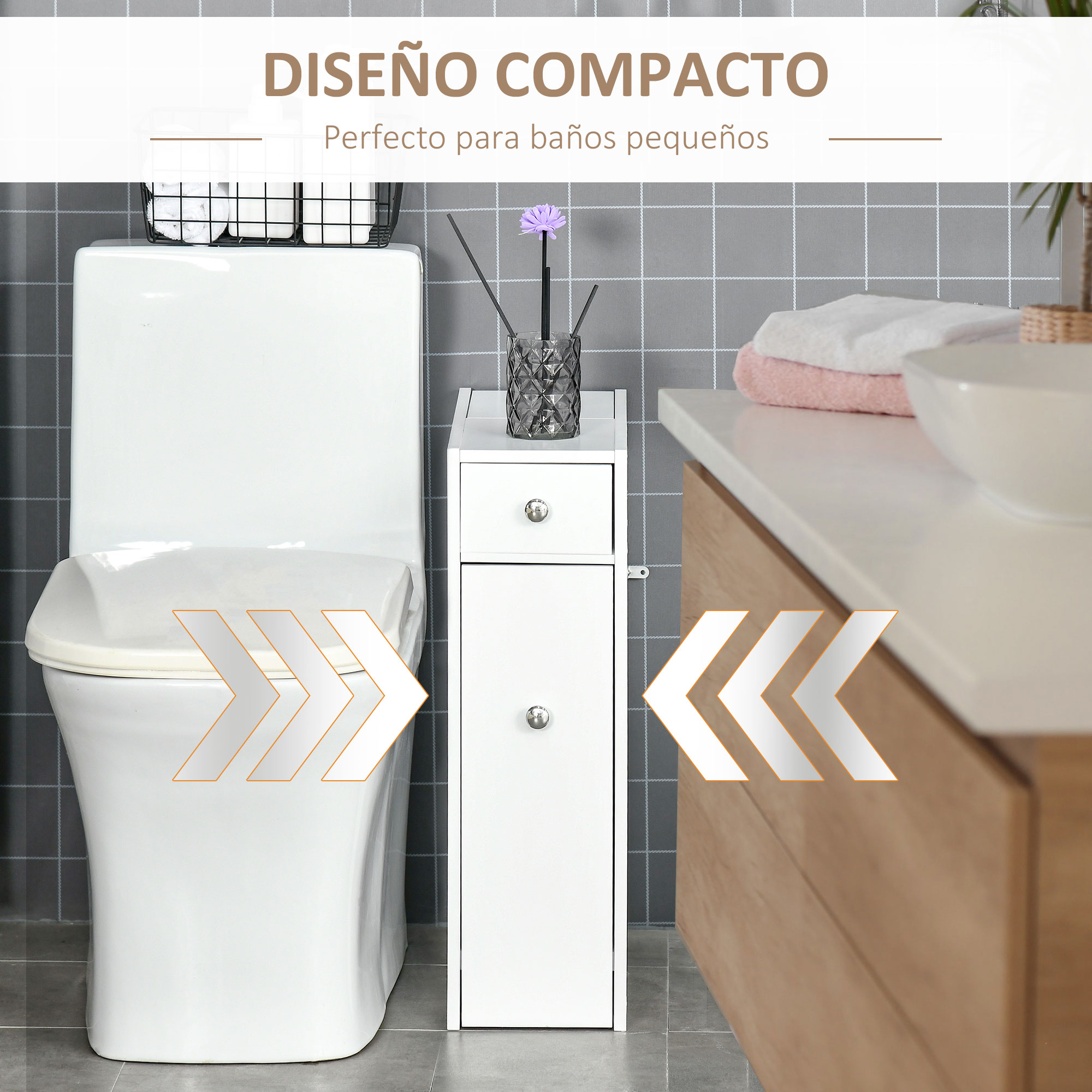 Un inodoro blanco, un estrecho armario blanco y un lavabo en suelo de baldosas.