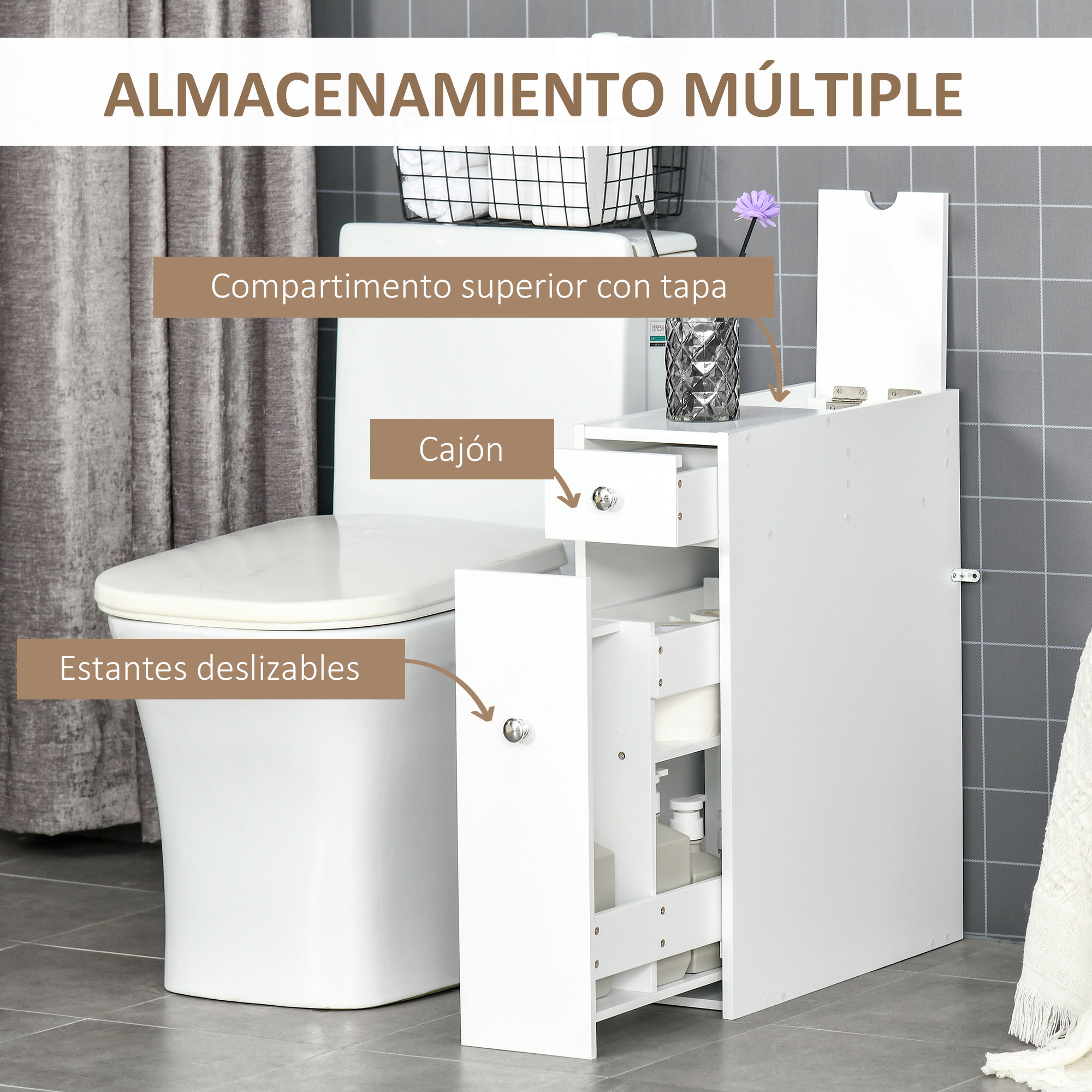 Un mueble blanco estrecho junto a un inodoro, mostrando cajones abiertos y un compartimento.