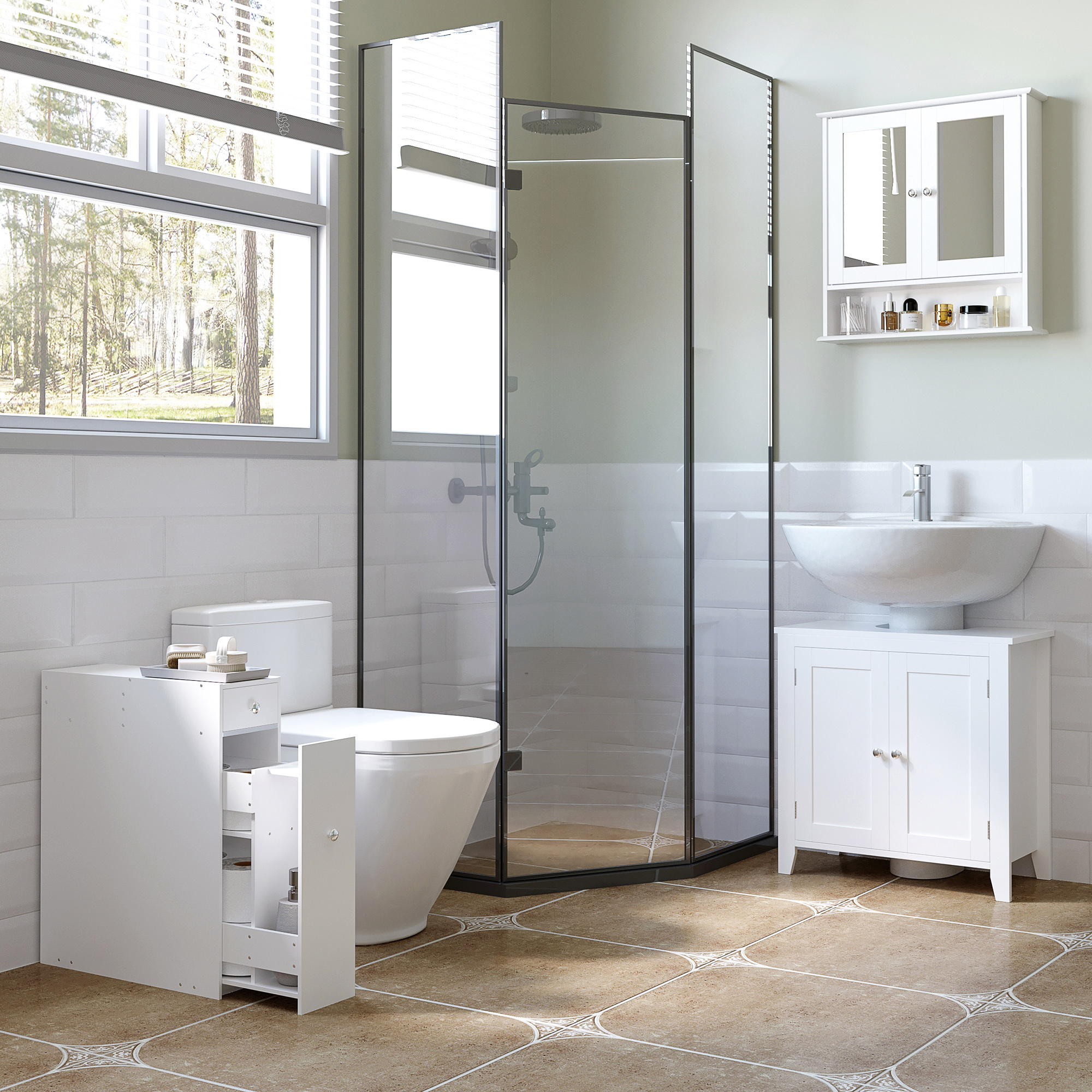 Baño con inodoro, ducha, mueble de lavabo y botiquín.