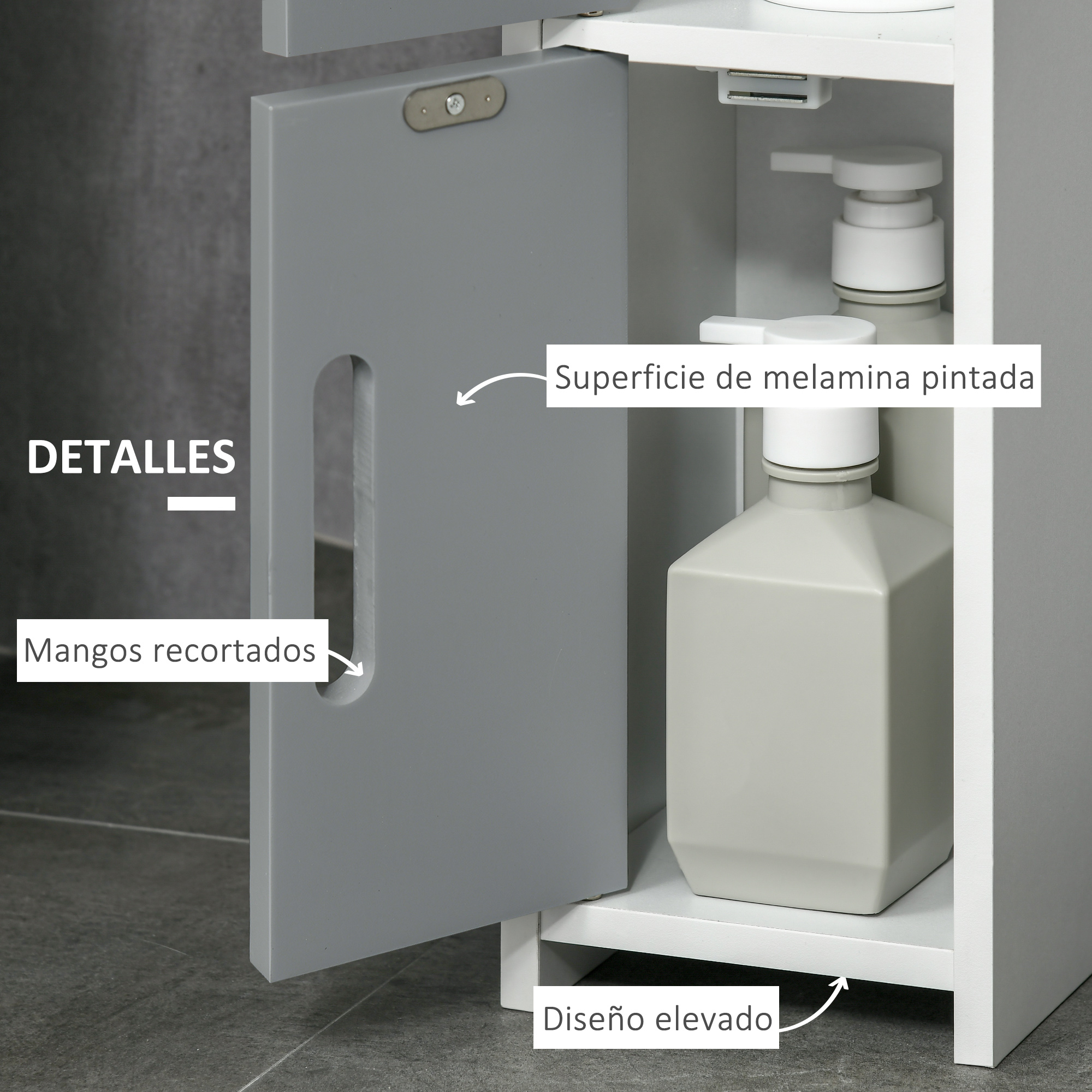 Un mueble de baño gris con dos botellas de bomba en un compartimento.