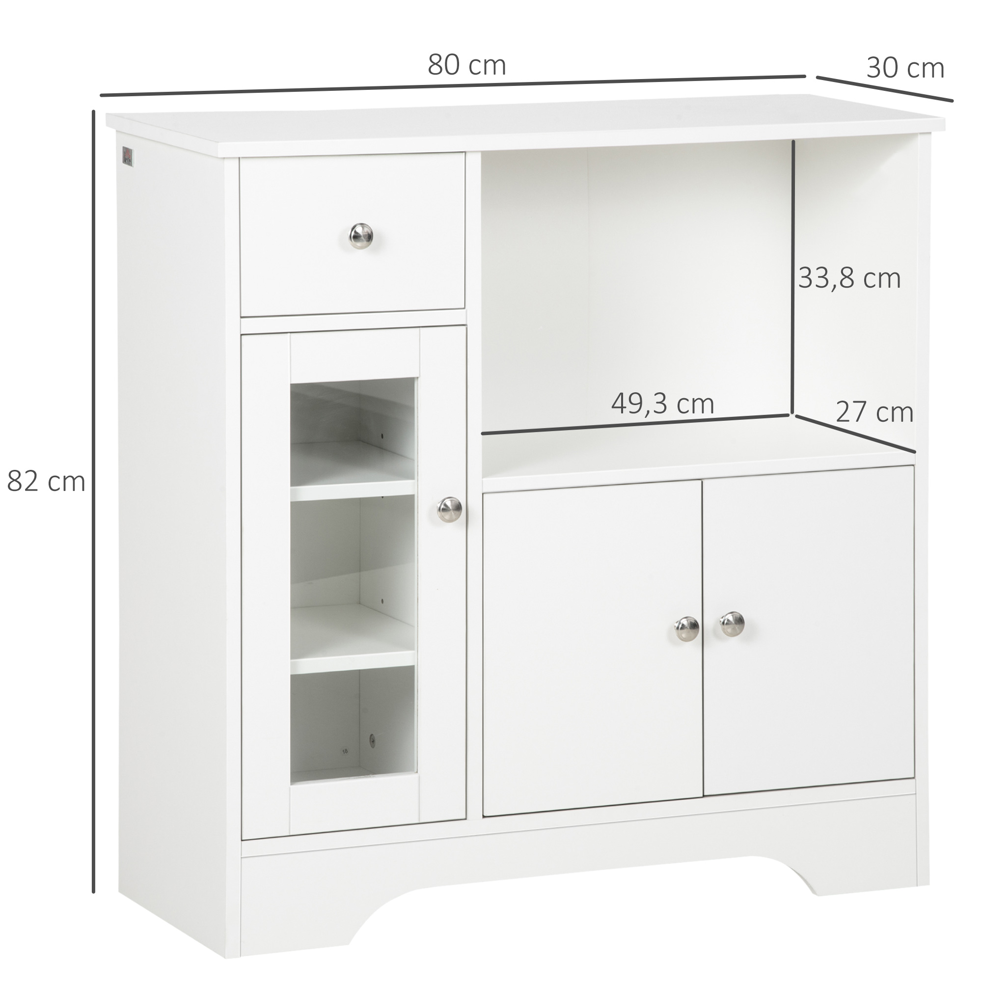 Mueble blanco con cajón, puerta de cristal, estantes y puertas dobles. Medidas 80x30x82cm.