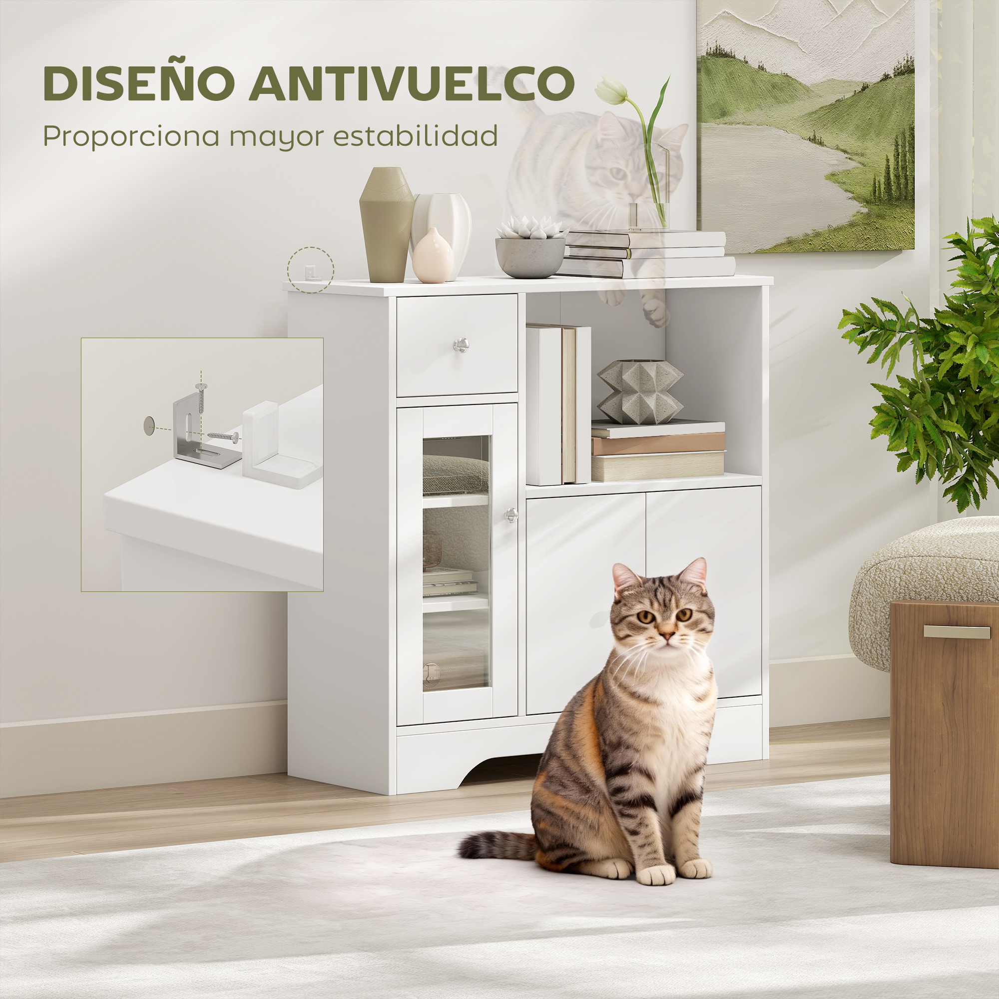 Un gato se sienta frente a un mueble blanco con decoración y un cuadro.