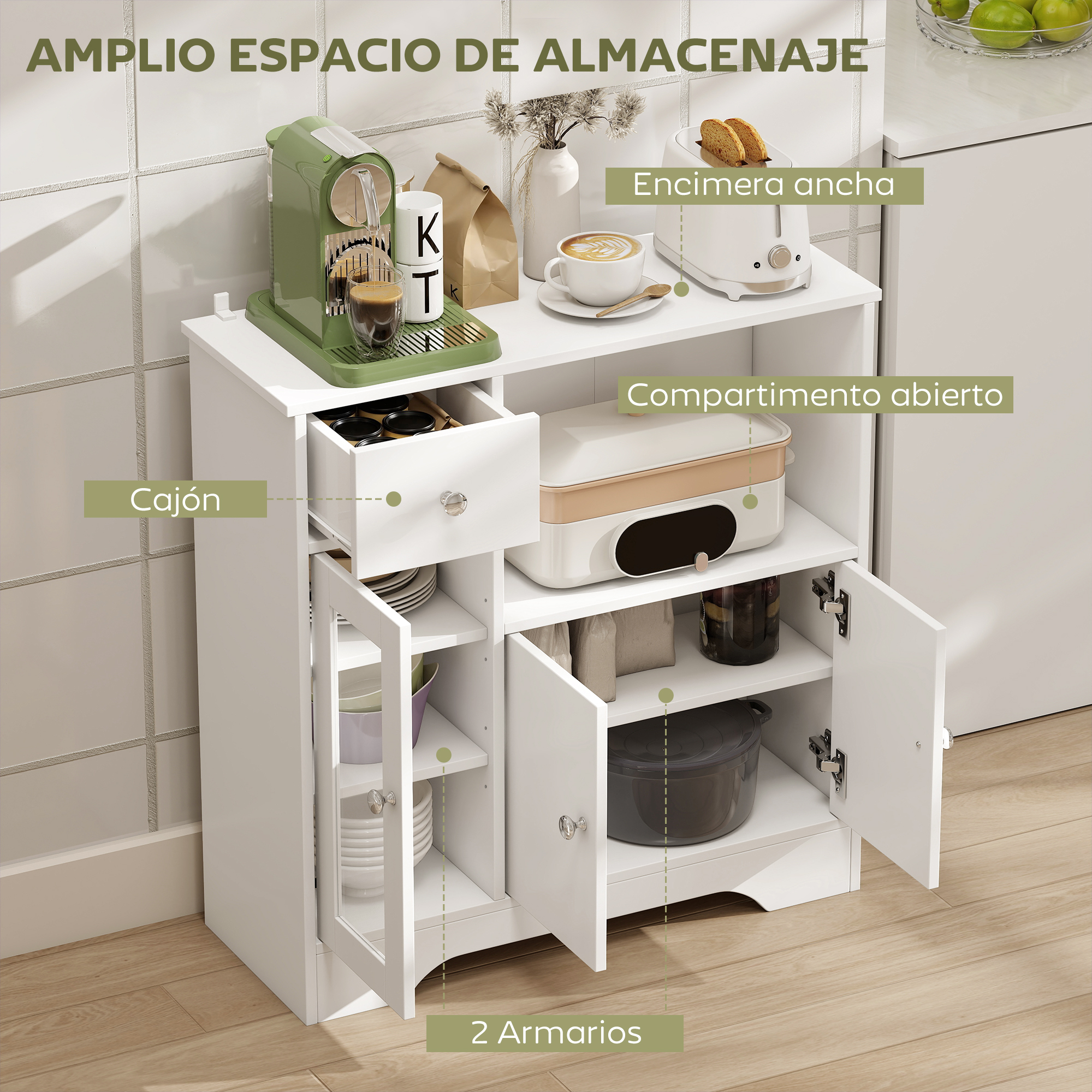 Un mueble de cocina blanco con cafetera, tostadora y compartimentos abiertos.