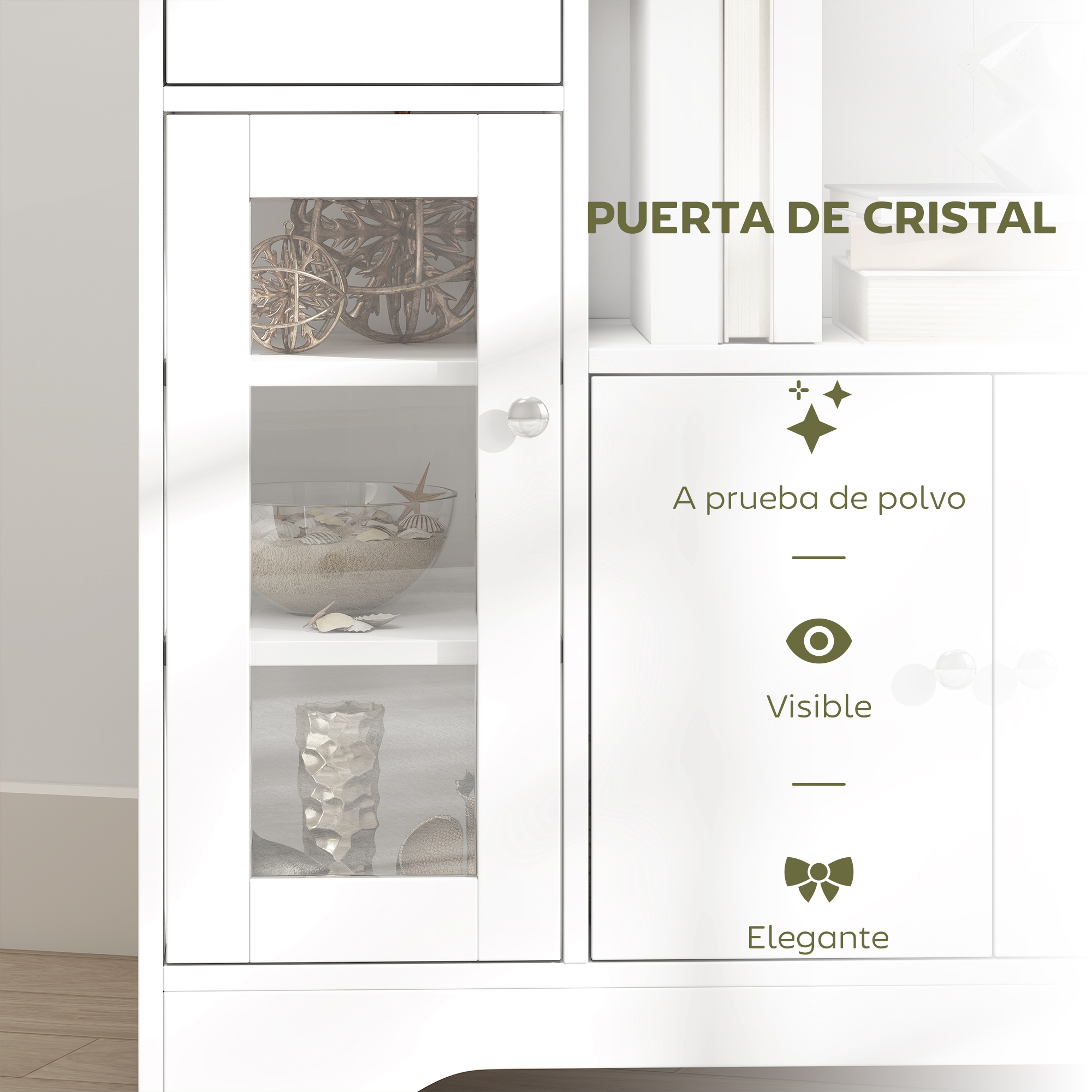 Un armario blanco con puertas de cristal muestra objetos decorativos y texto.