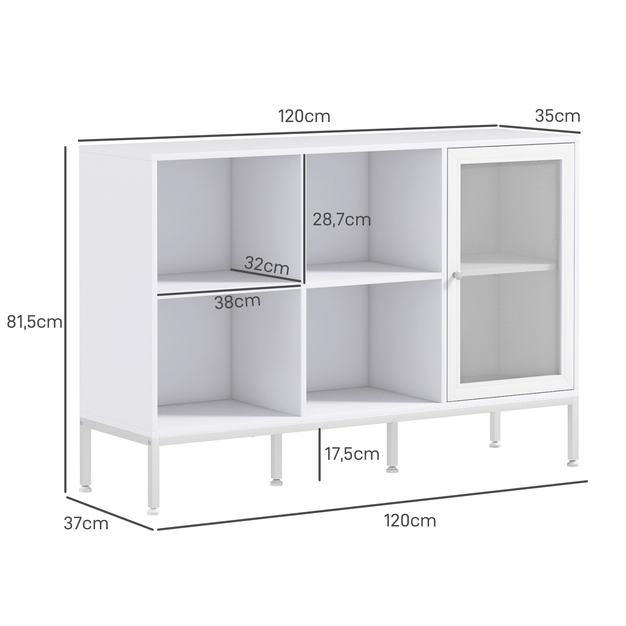 Un mueble blanco con patas metálicas, dimensiones 120x81,5x37cm.