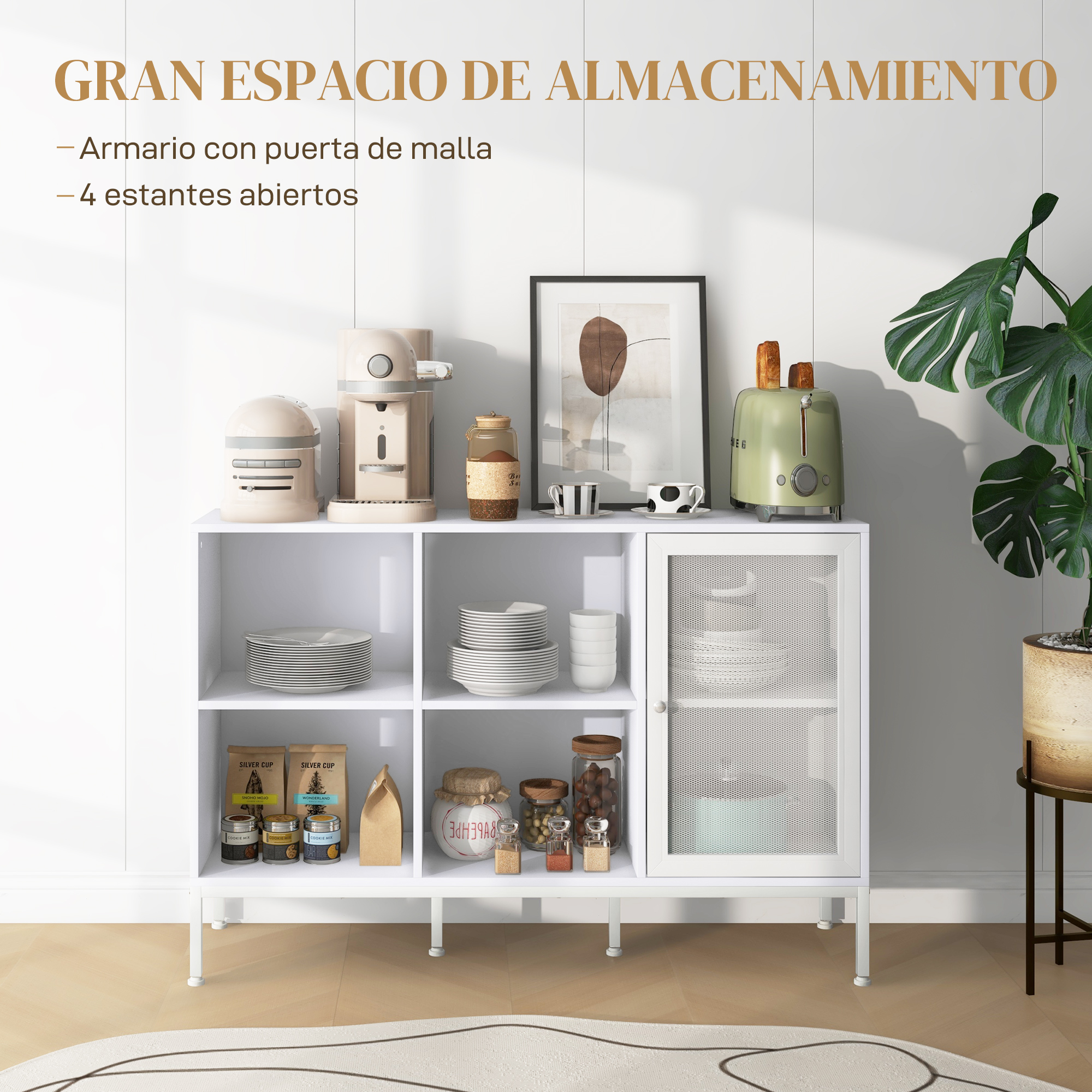 Un mueble blanco con electrodomésticos, vajilla y alimentos. Una planta a la derecha.