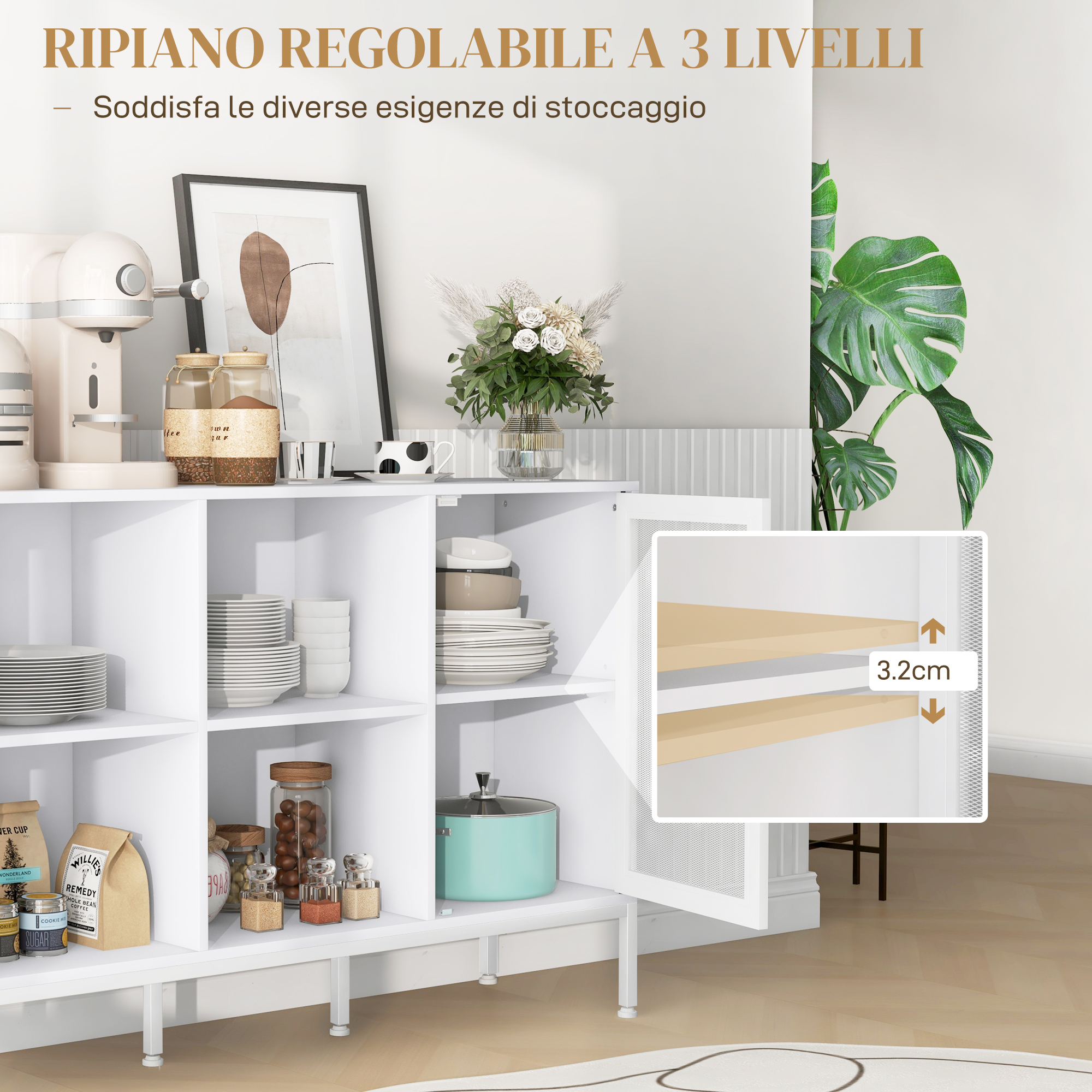 Un mueble blanco lleno de utensilios de cocina, platos y plantas.