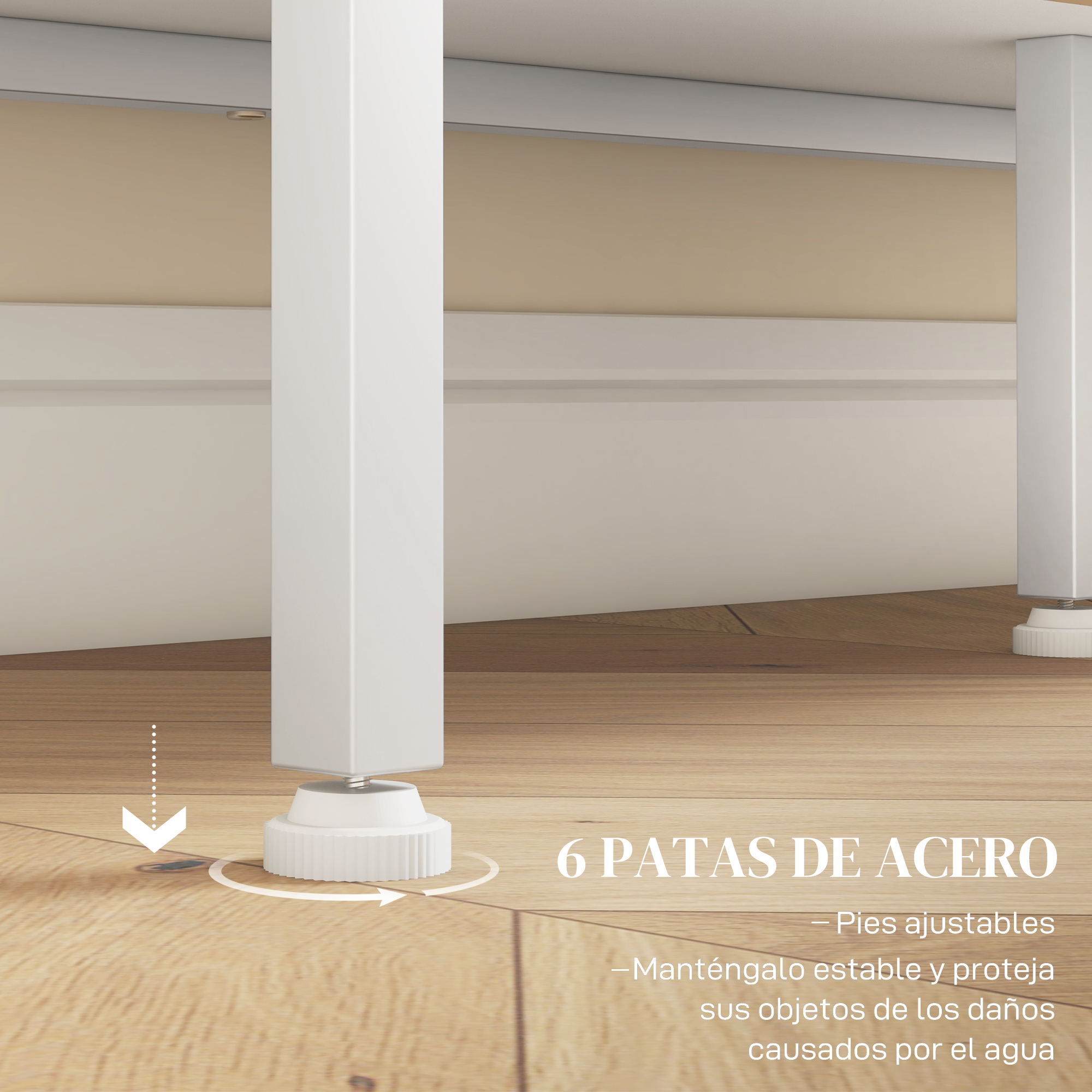 Patas de acero blancas con pies ajustables sobre suelo de madera.