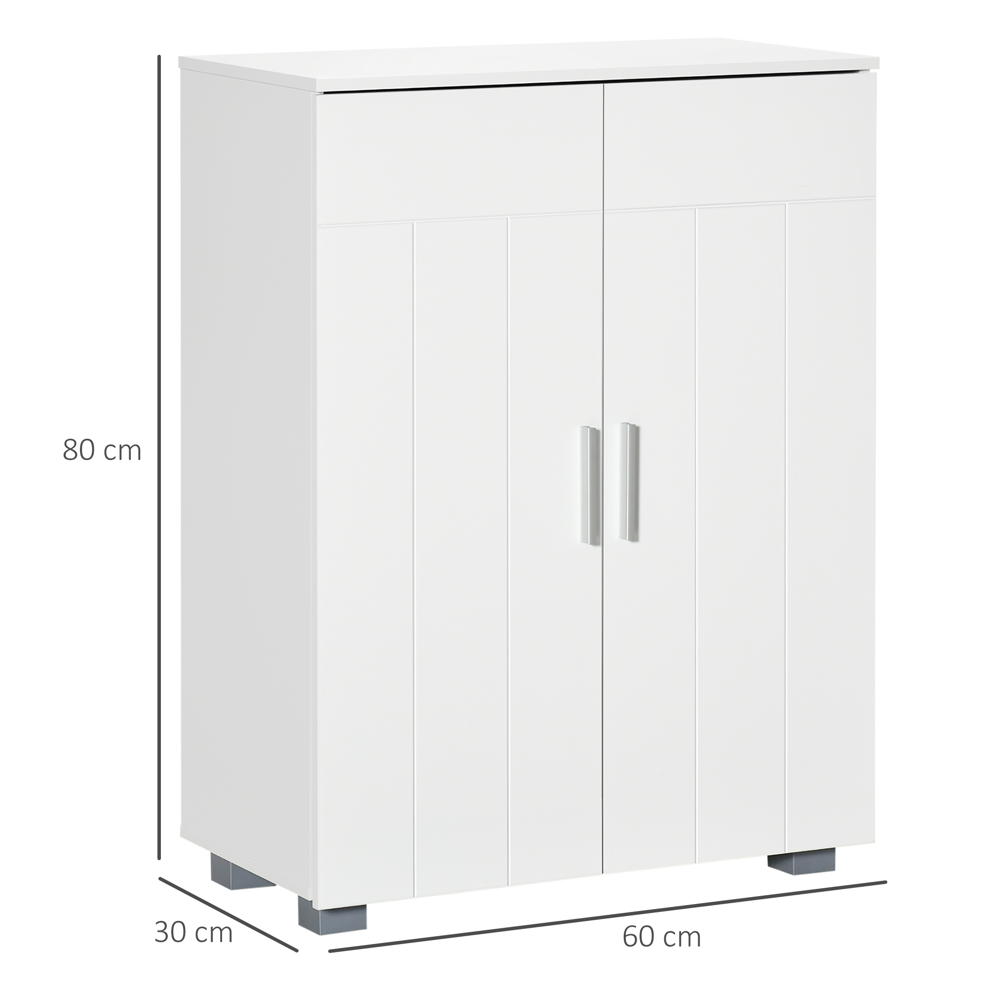 Armario blanco con dos puertas, tiradores plateados, medidas 80x60x30 cm.