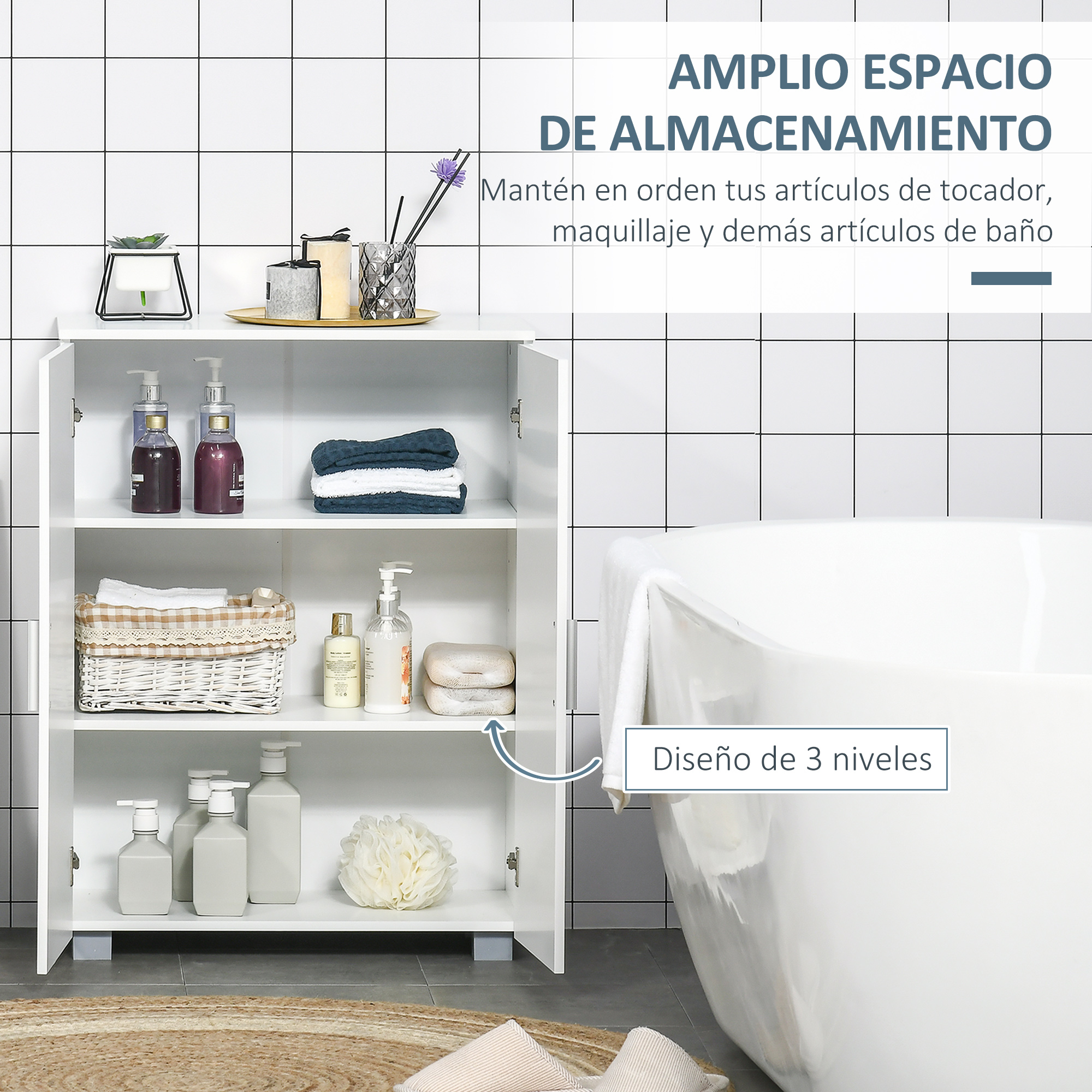 Un armario de baño blanco de 3 niveles con jabones y toallas, junto a una bañera.