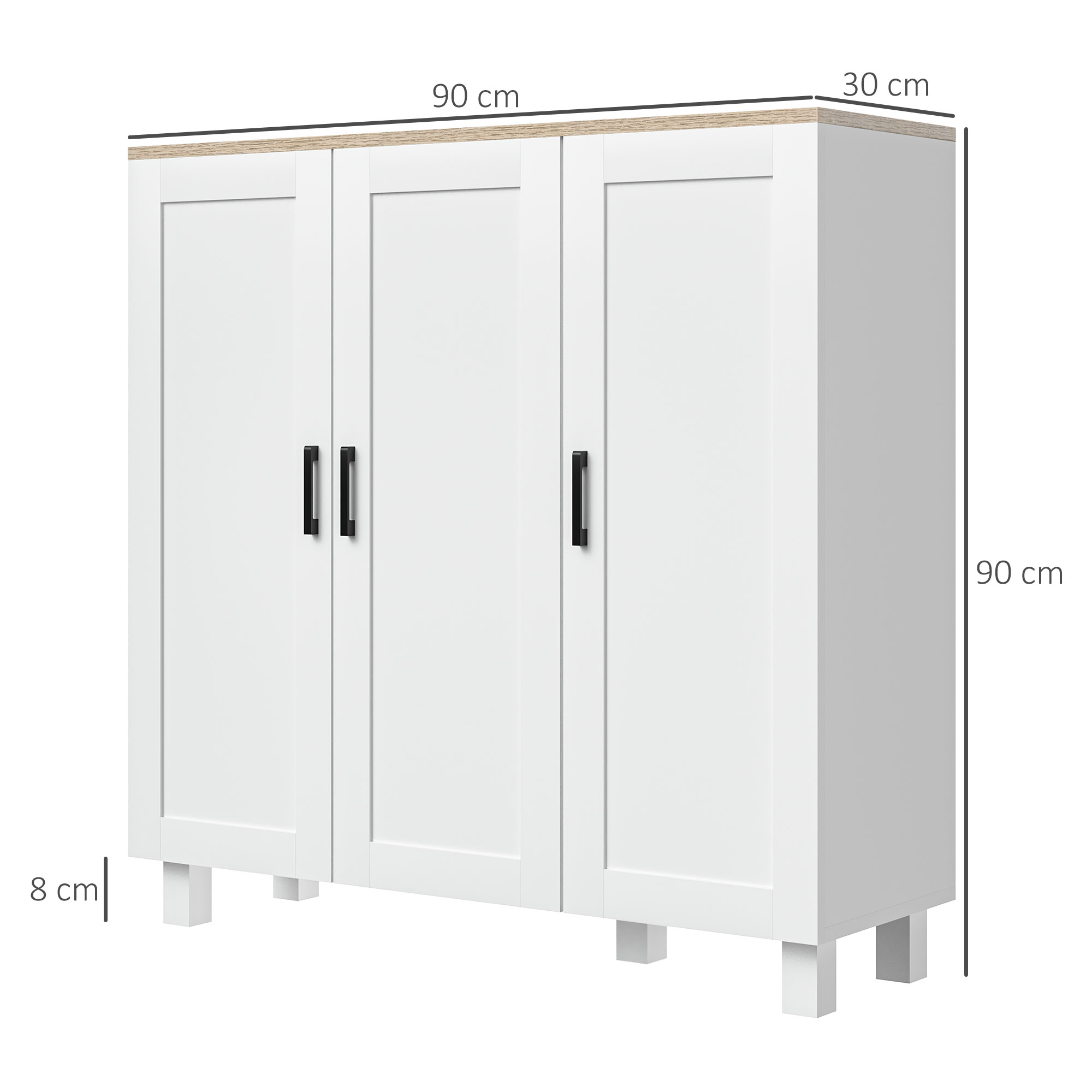 Un armadio bianco a tre ante con maniglie nere. Dimensioni: 90x90x30cm.