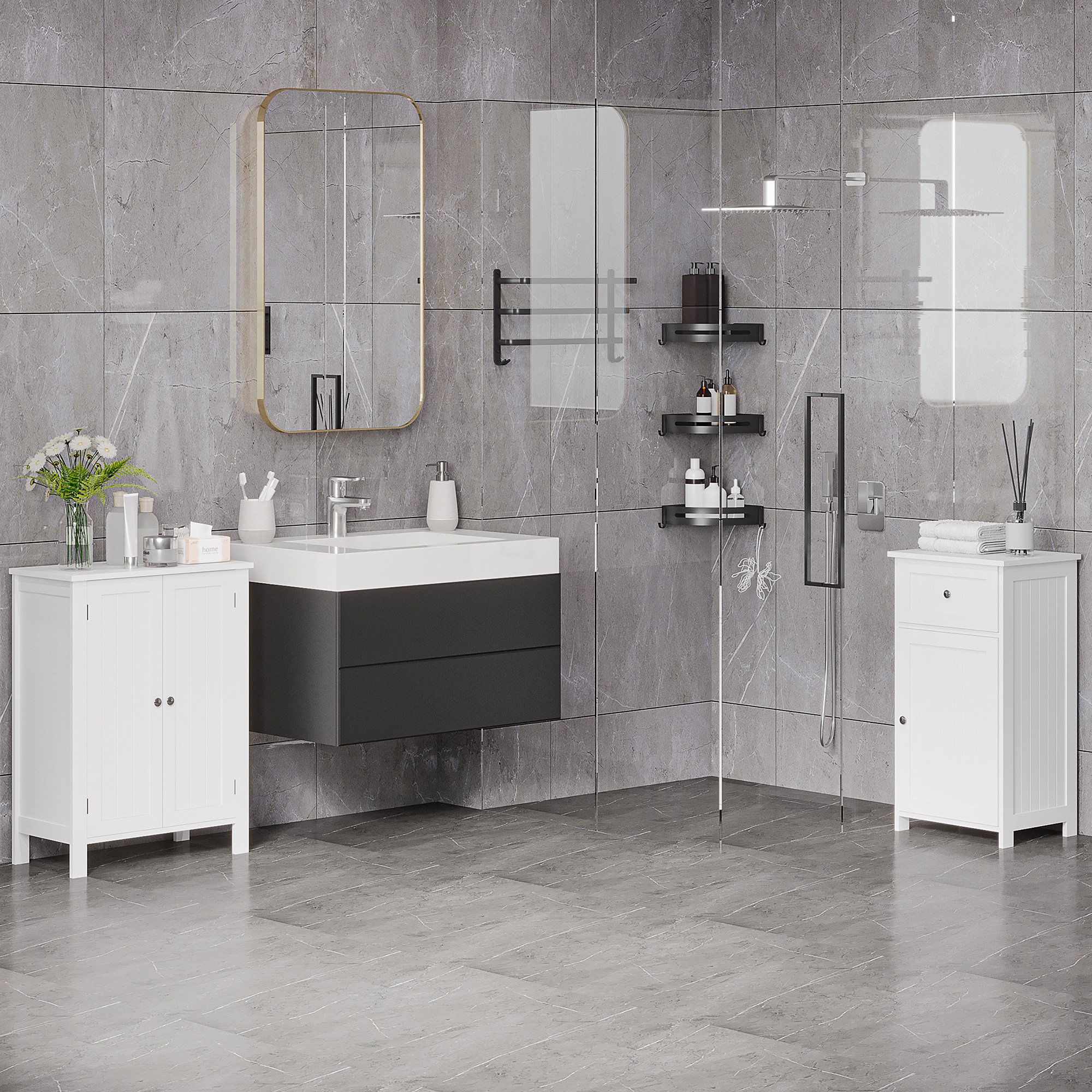 Baño moderno con baldosas de mármol, lavabo, ducha y armarios blancos.