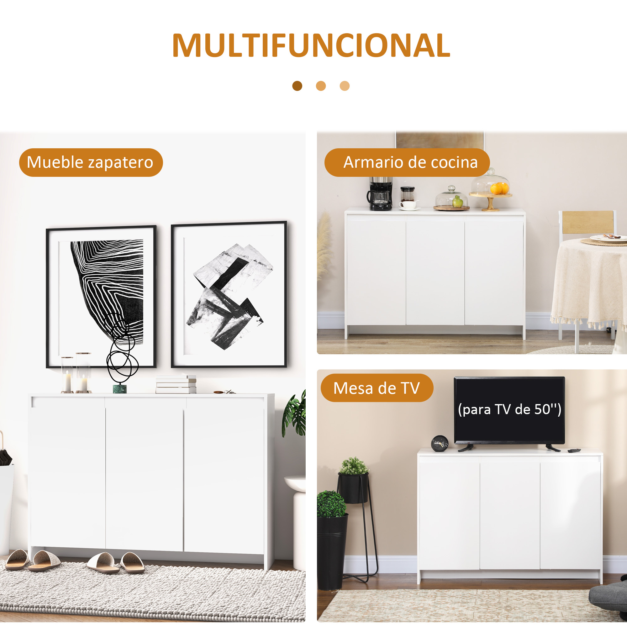 Muebles blancos en diferentes ambientes: zapatero, mueble de cocina, mueble TV.