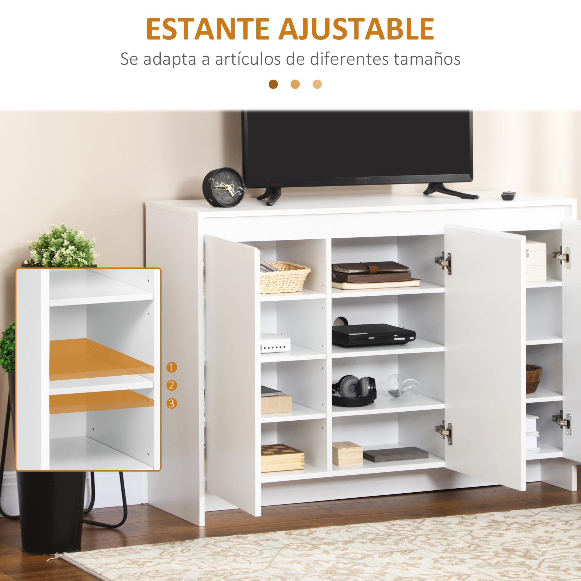 Un aparador blanco con compartimentos abiertos llenos de libros y electrónica.