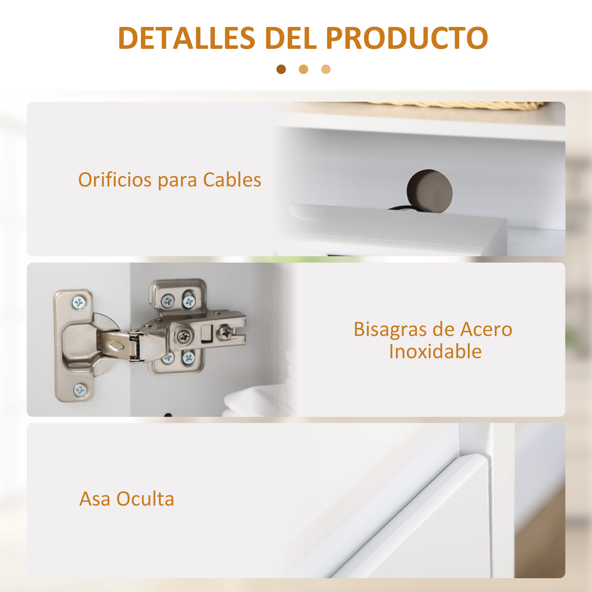 Imagen del producto mostrando tres detalles: orificio para cables, bisagra y asa.