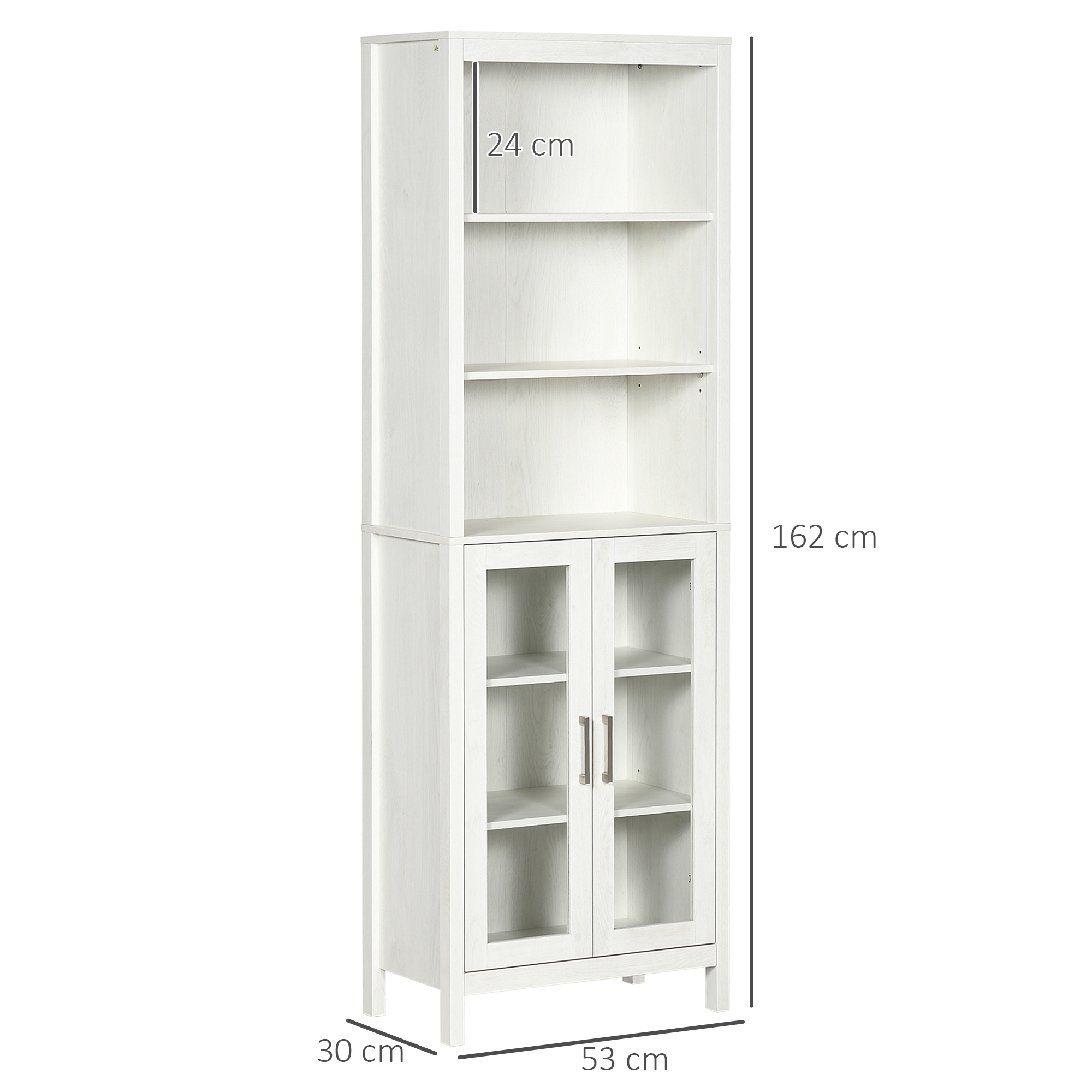 Estantería blanca con puertas de cristal abajo y estantes abiertos arriba. Medidas: 162x53x30cm.