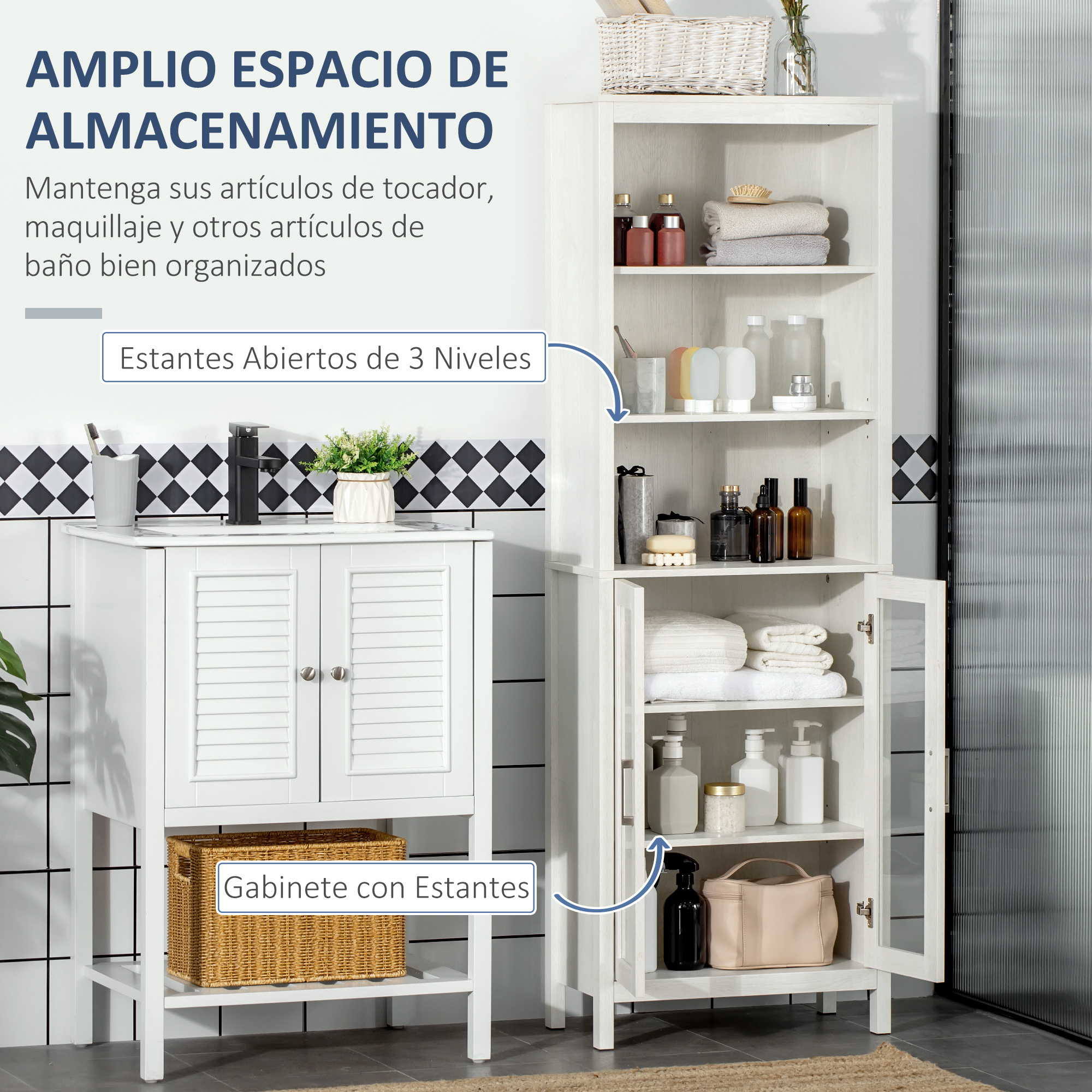 Muebles blancos de baño con estantes abiertos y armarios, llenos de artículos de tocador.