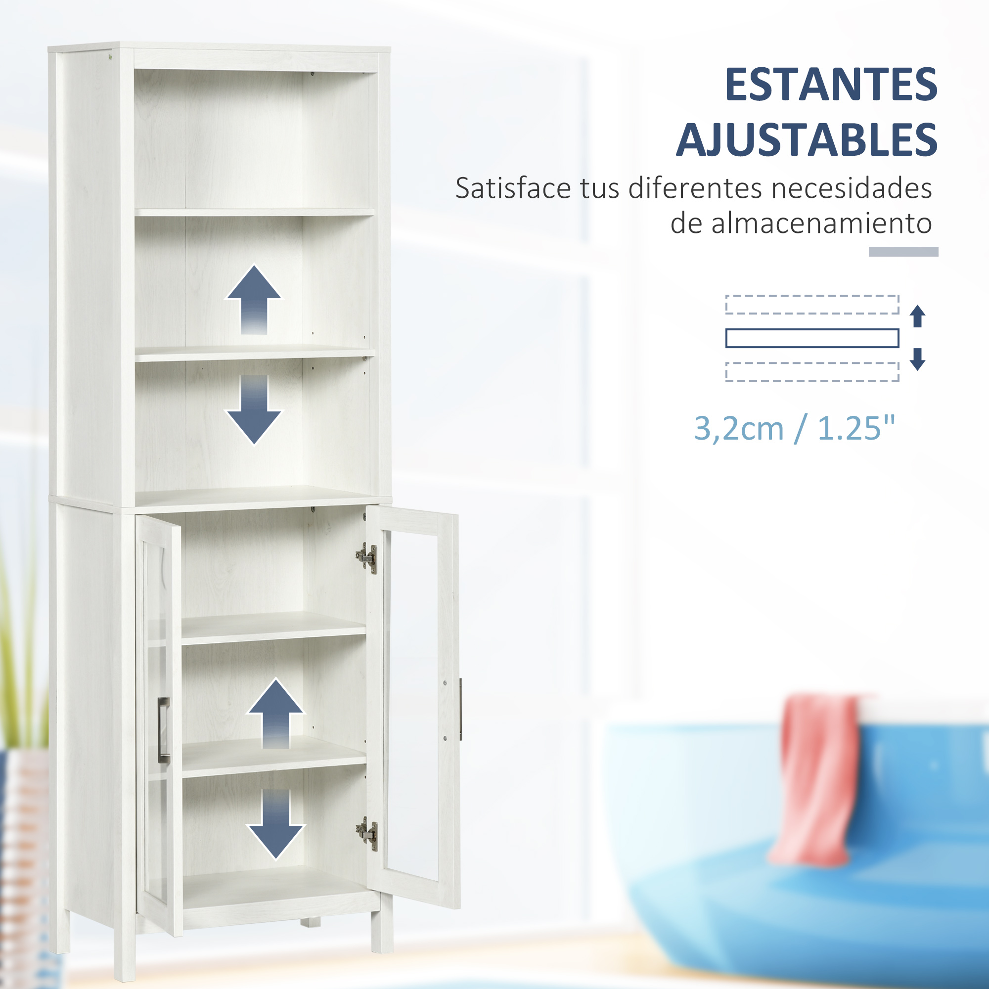Armario alto blanco con estantes ajustables y puerta de cristal. Parte del armario está abierto.