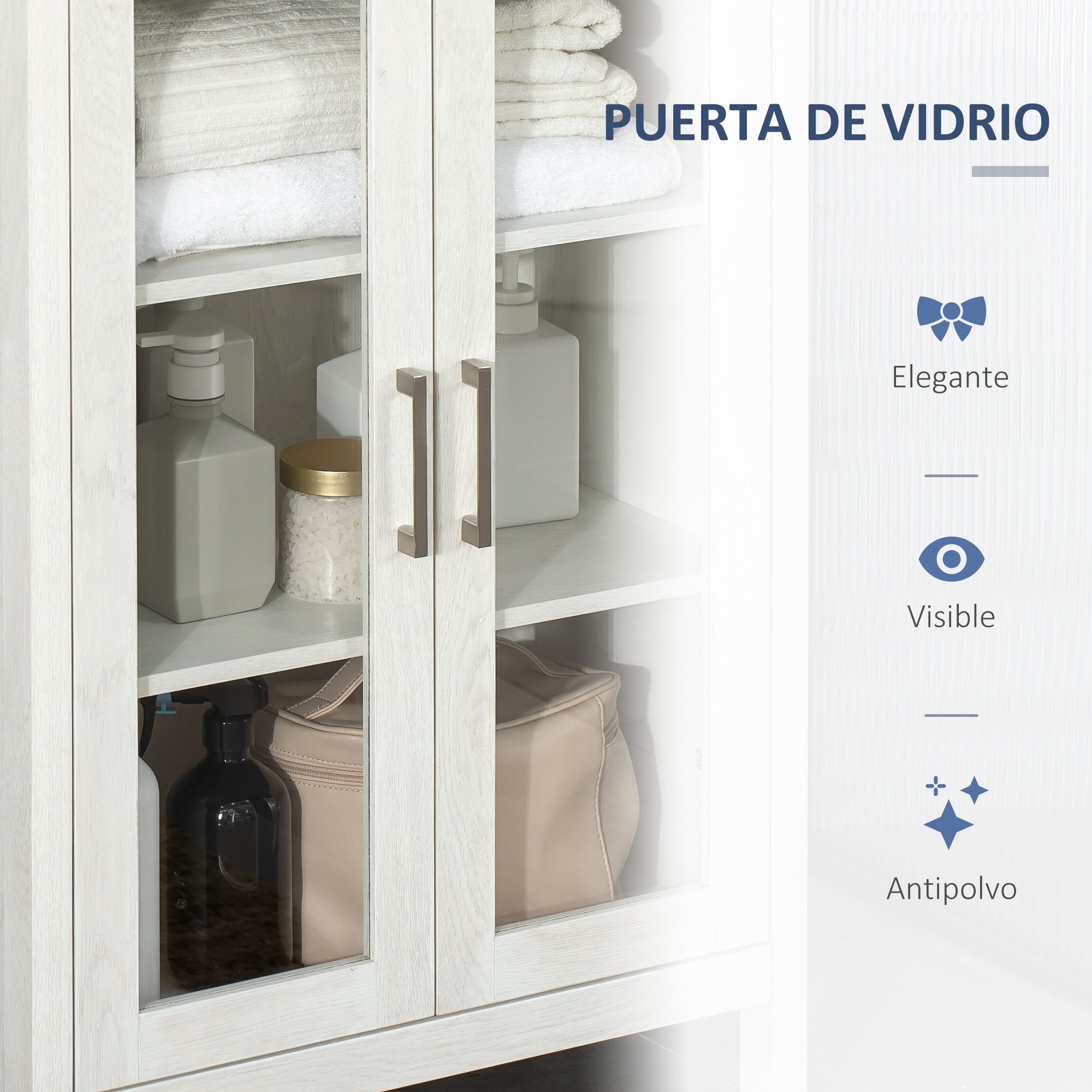 Armario de madera con puertas de cristal, lleno de toallas y botellas.
