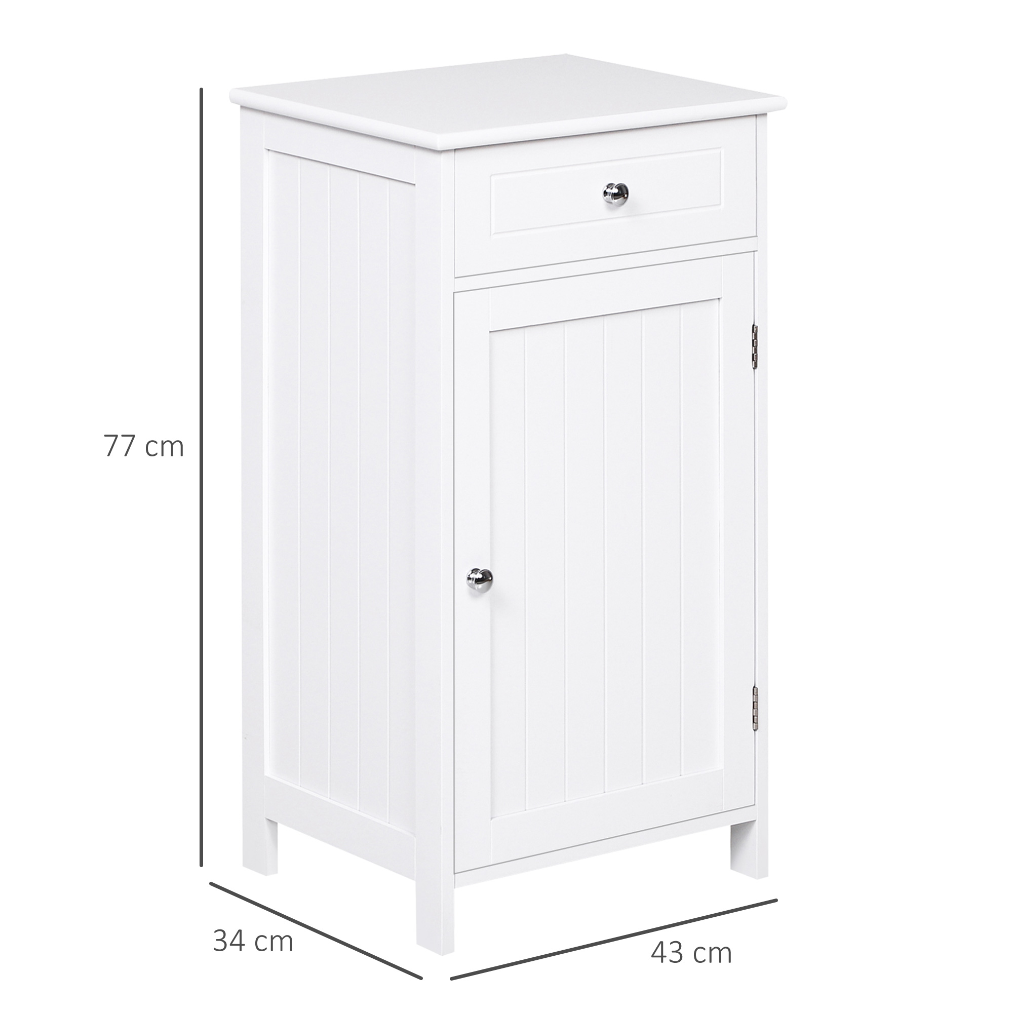 Un mueble blanco estrecho con un cajón y una puerta. Dimensiones: 77x34x43 cm.