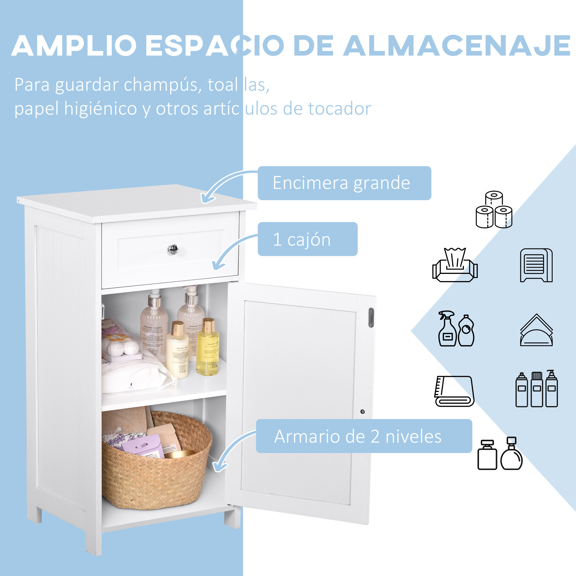 Armario de baño blanco con cajón, estante abierto y puerta. Incluye iconos de papel higiénico, toallitas, botellas rociadoras, toallas y más.