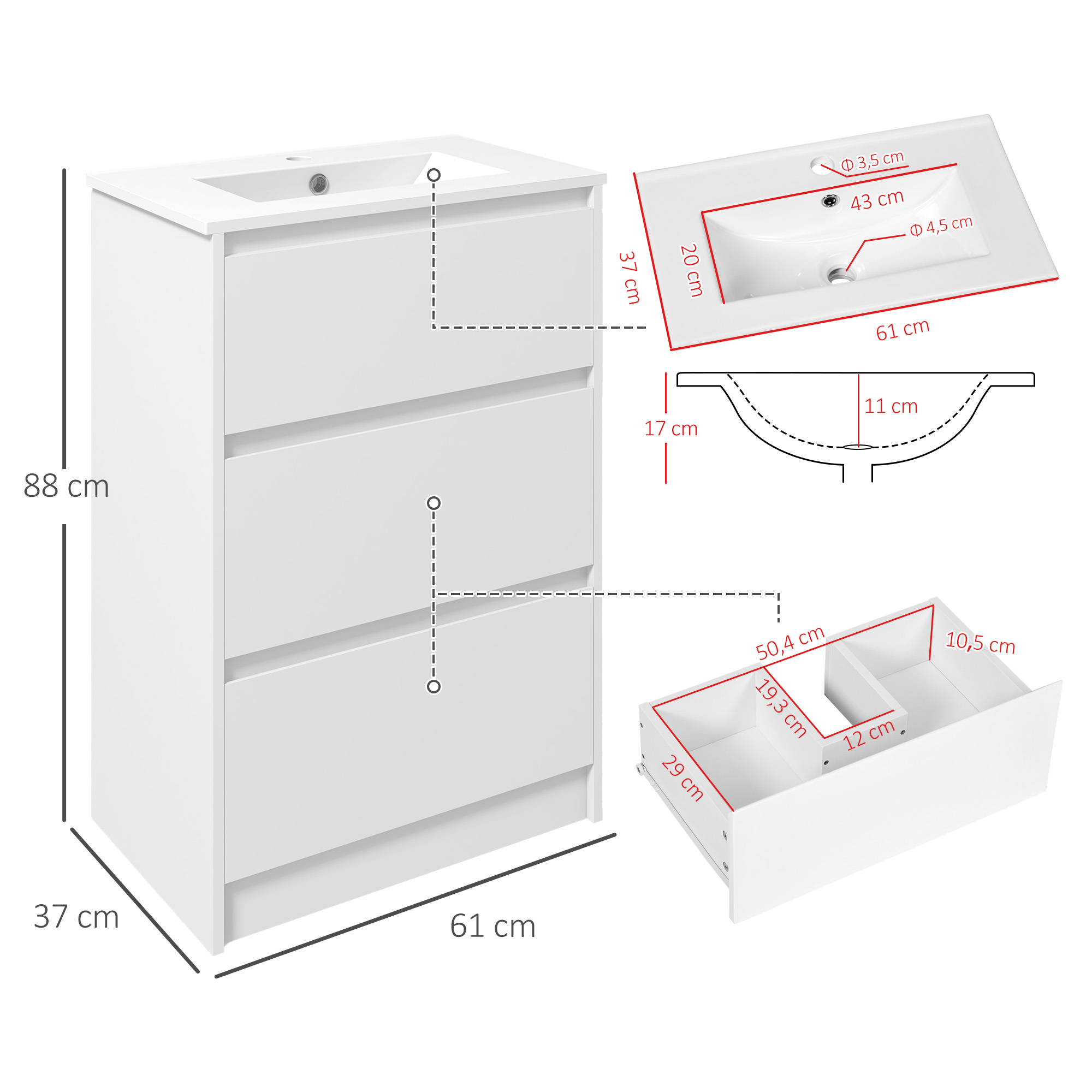 Mueble de lavabo blanco con cajones y dimensiones. Se muestra un lavabo.