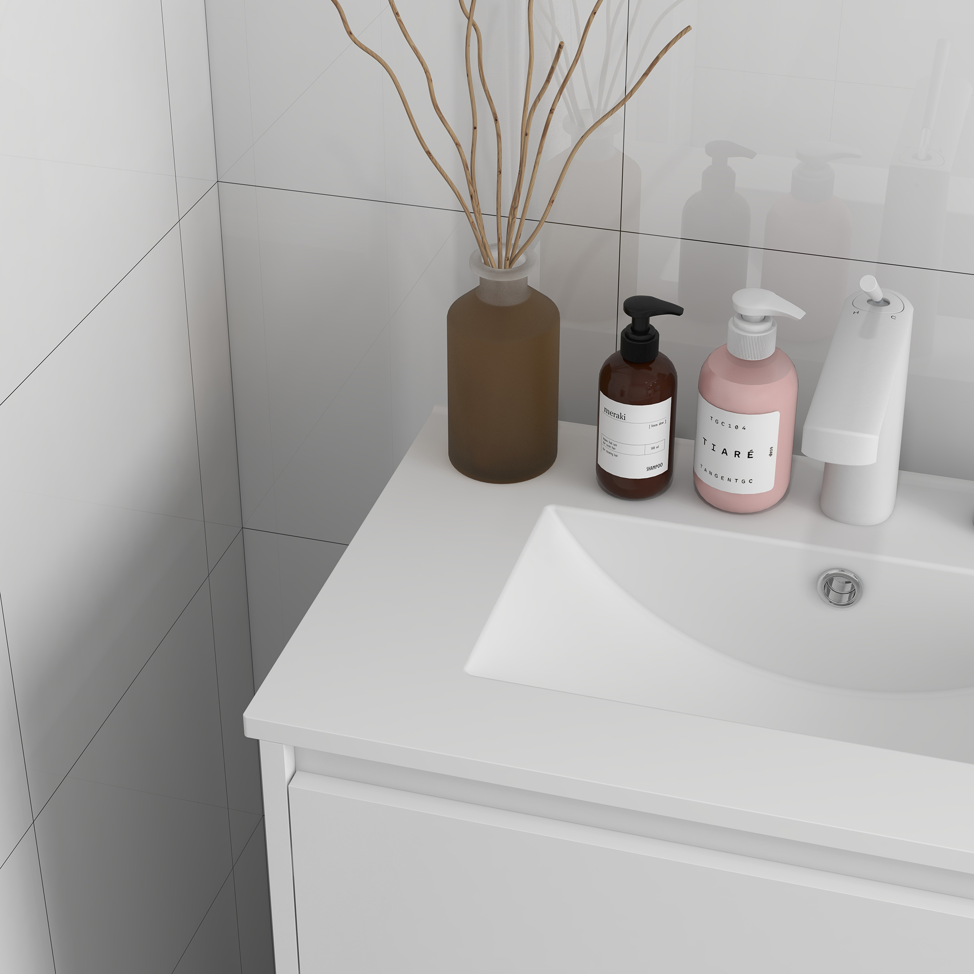 Un lavabo blanco con dos dispensadores y un difusor de jarrón marrón.