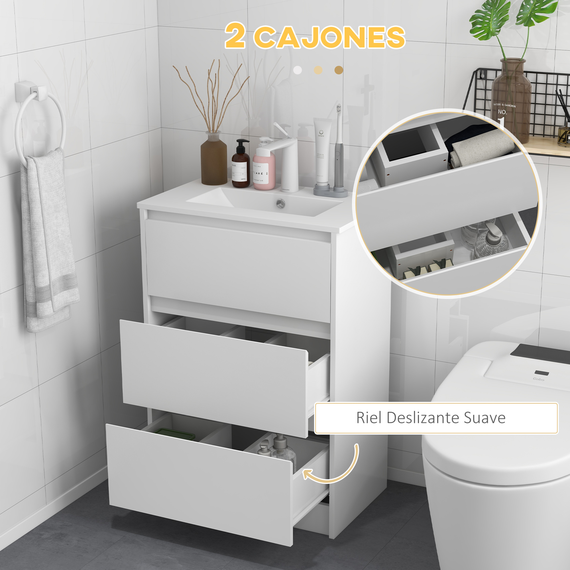 Un mueble de baño blanco con cajones abiertos y productos. Incluye dos cajones.
