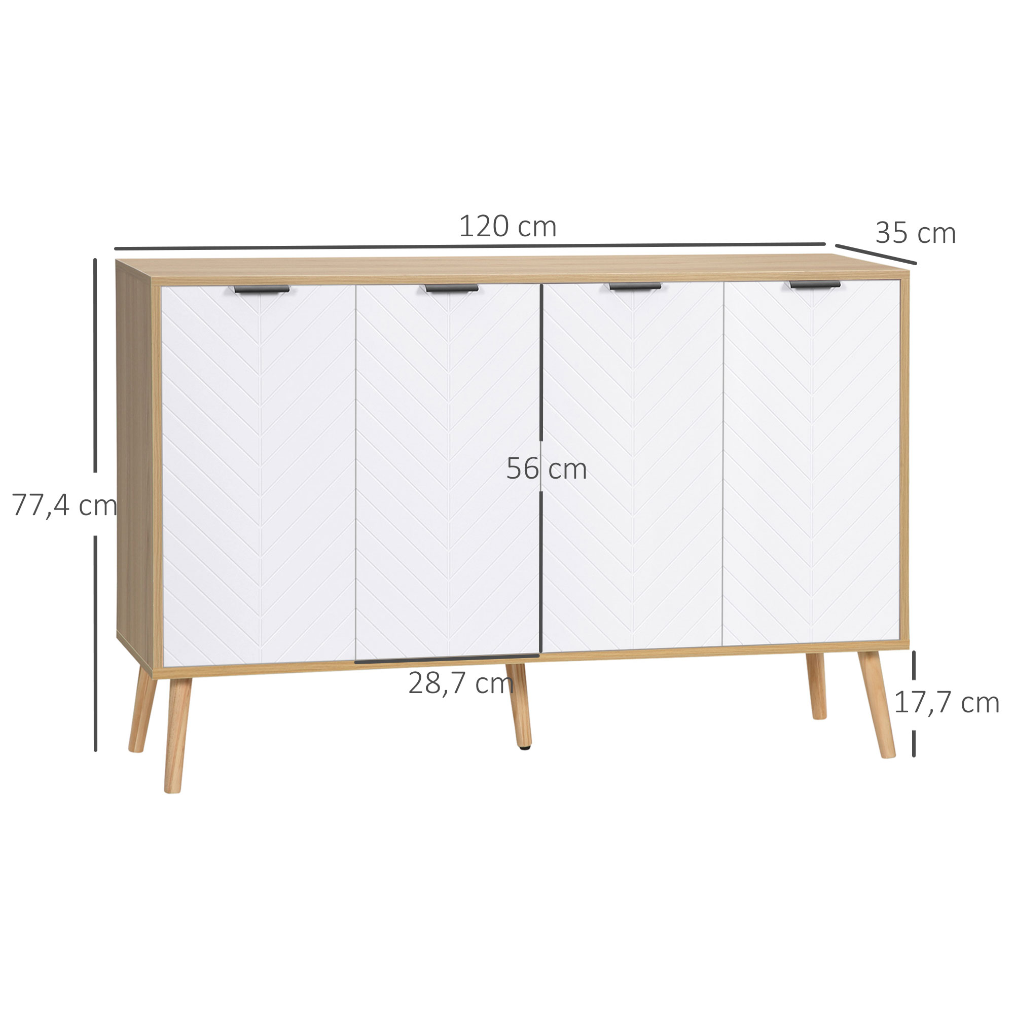 Un armario blanco de cuatro puertas con patas de madera. Se indican las dimensiones.