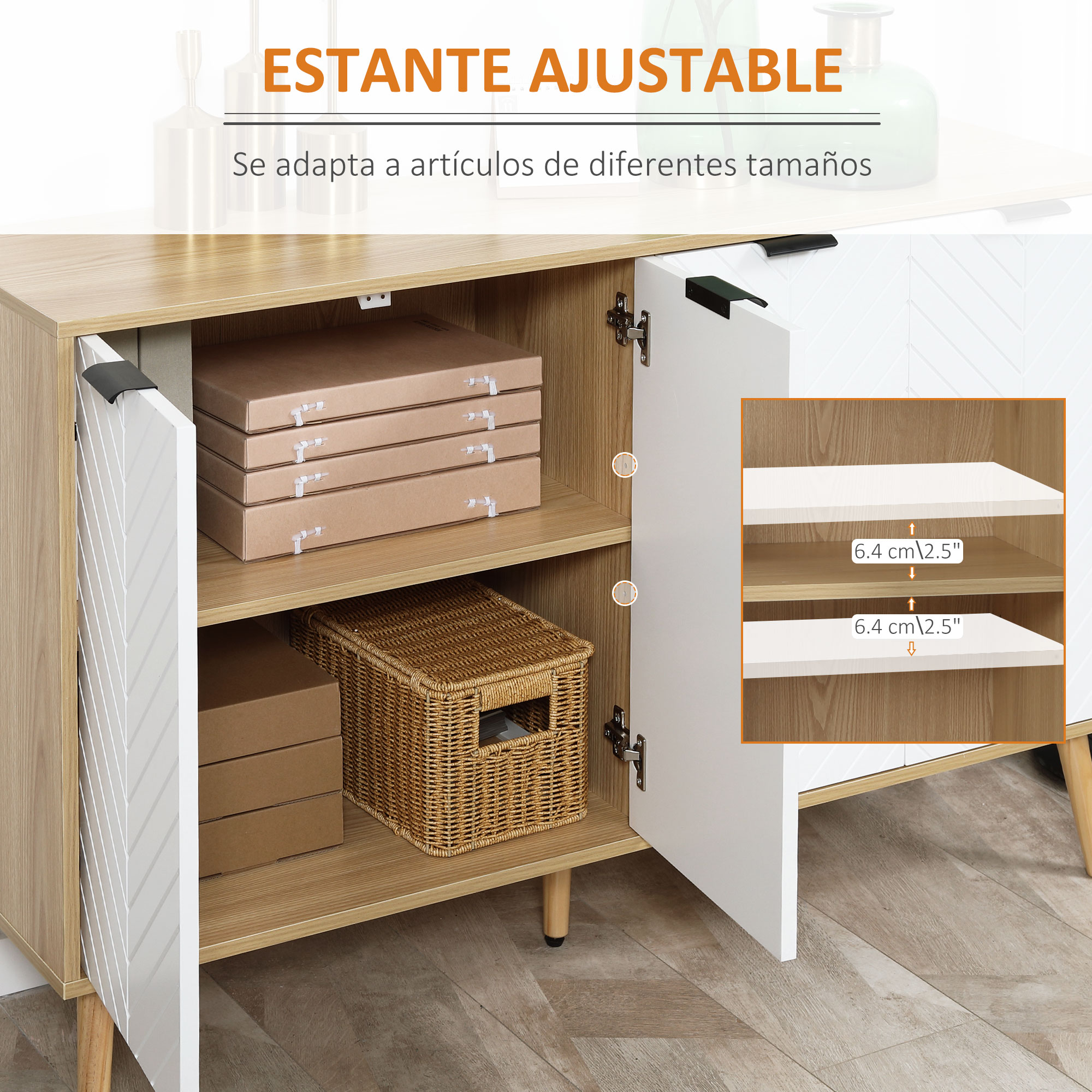 Aparador abierto con frontal de madera, puertas blancas, baldas, cajas, cesta e insertos.