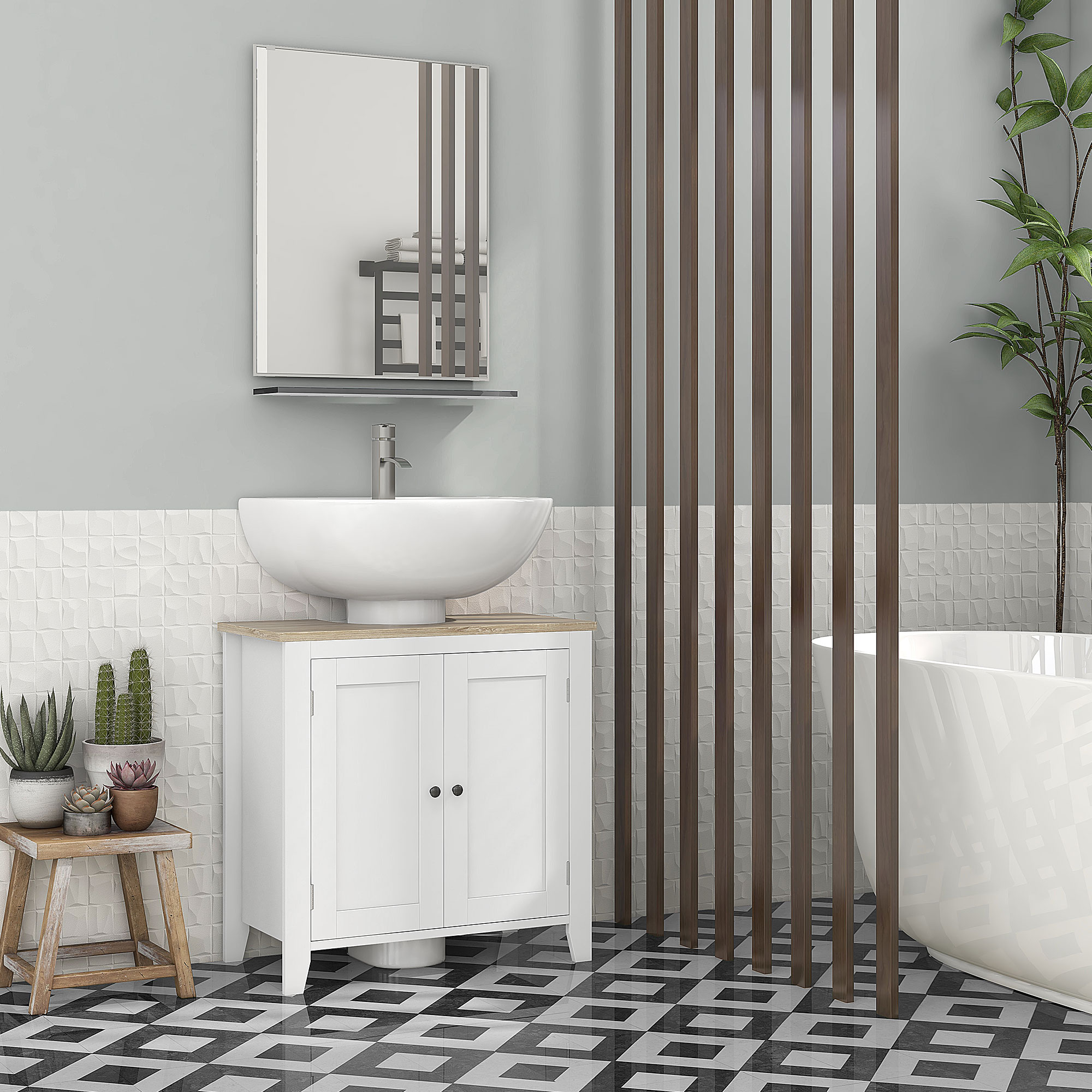 Baño moderno con lavabo sobre encimera, espejo, detalles de madera y plantas.