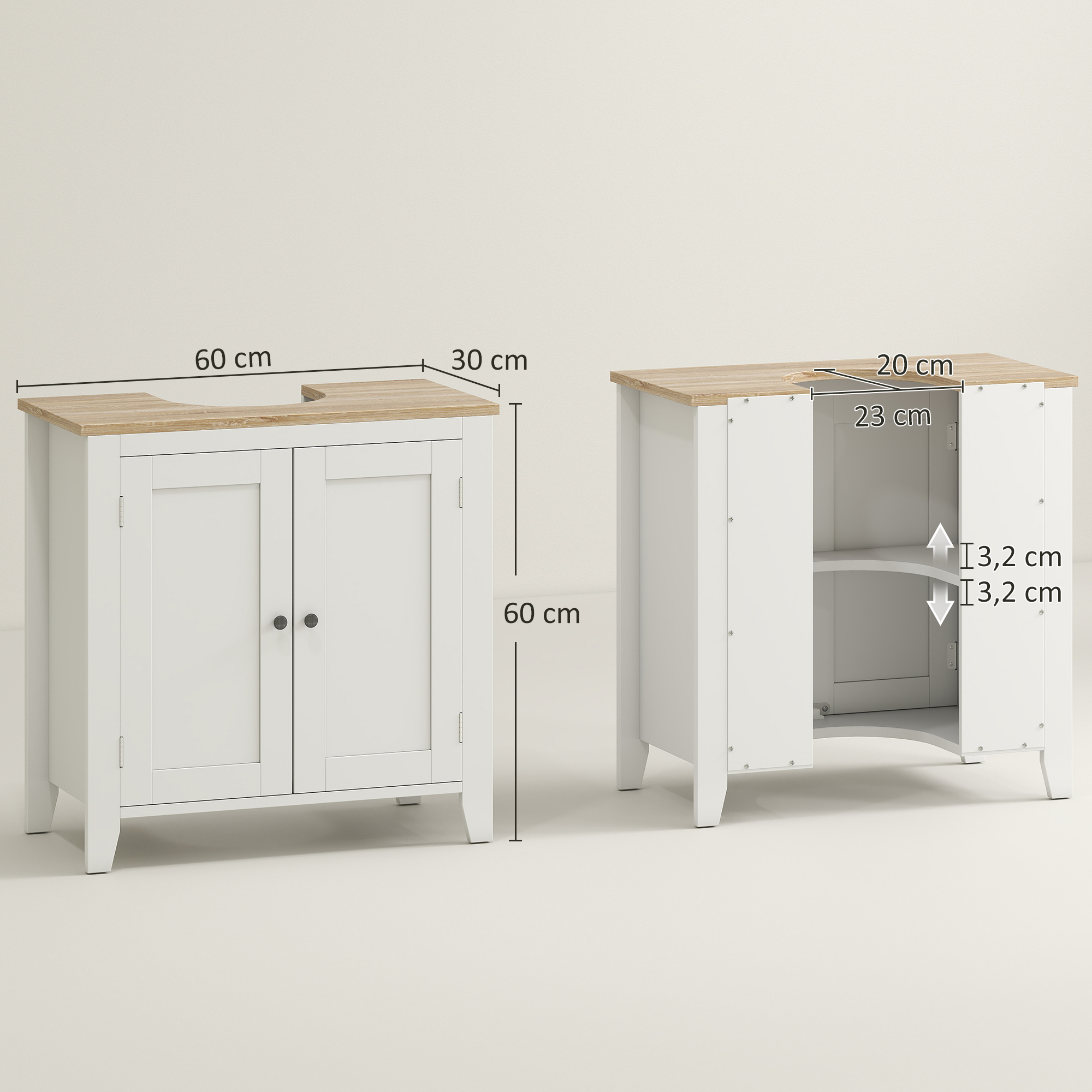 Dos armarios blancos con tapas de madera. Uno tiene puertas dobles, el otro puertas abiertas. Dimensiones mostradas.