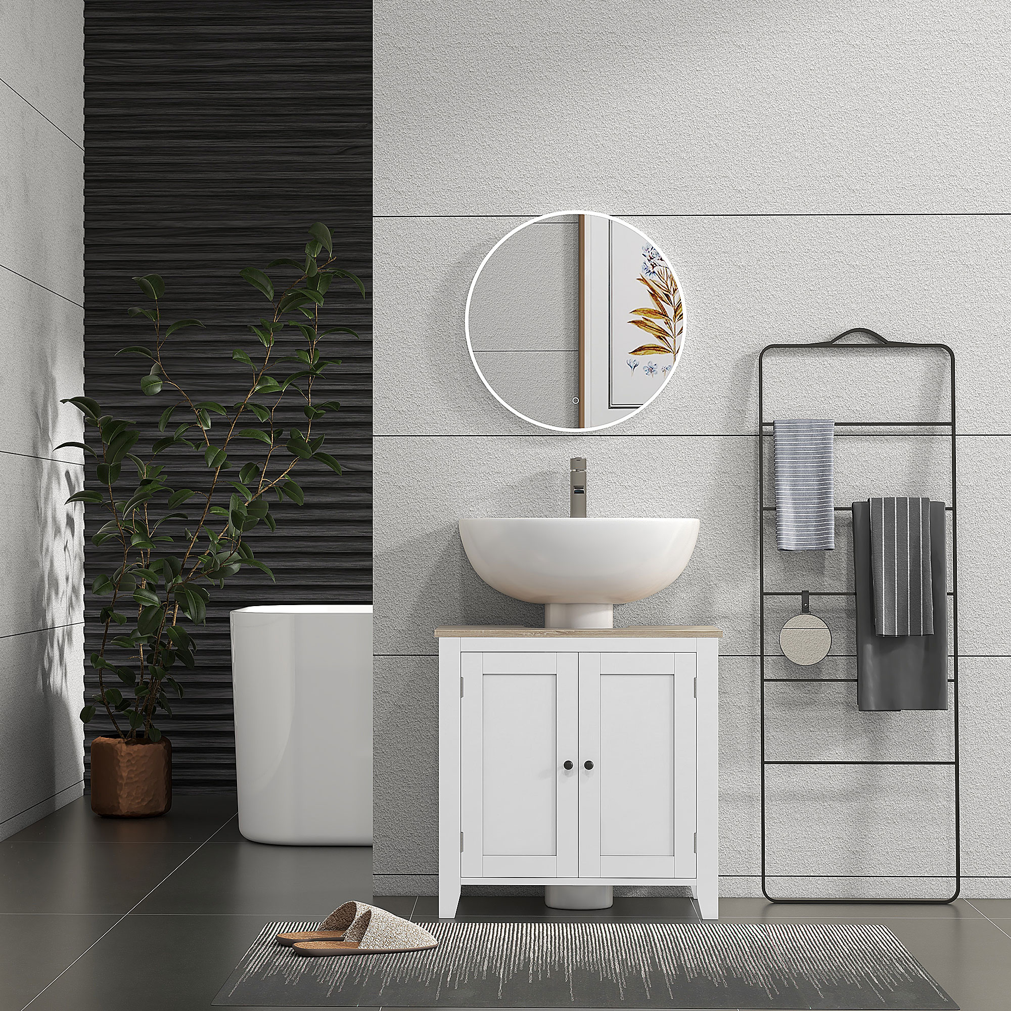 Baño moderno con lavabo, espejo y bañera exenta. Una planta está a la izquierda.