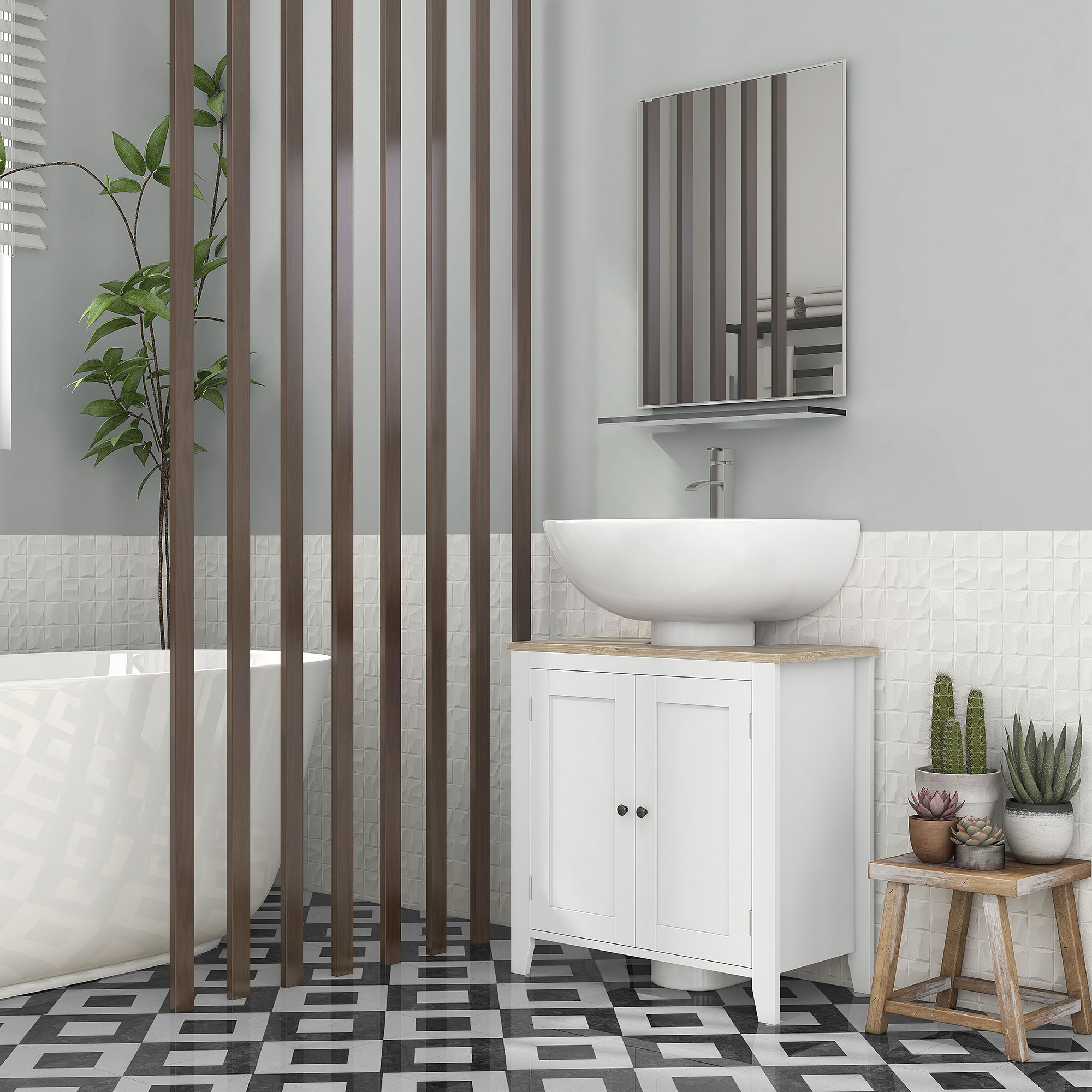 Baño moderno con bañera exenta, lavabo y plantas en un taburete.