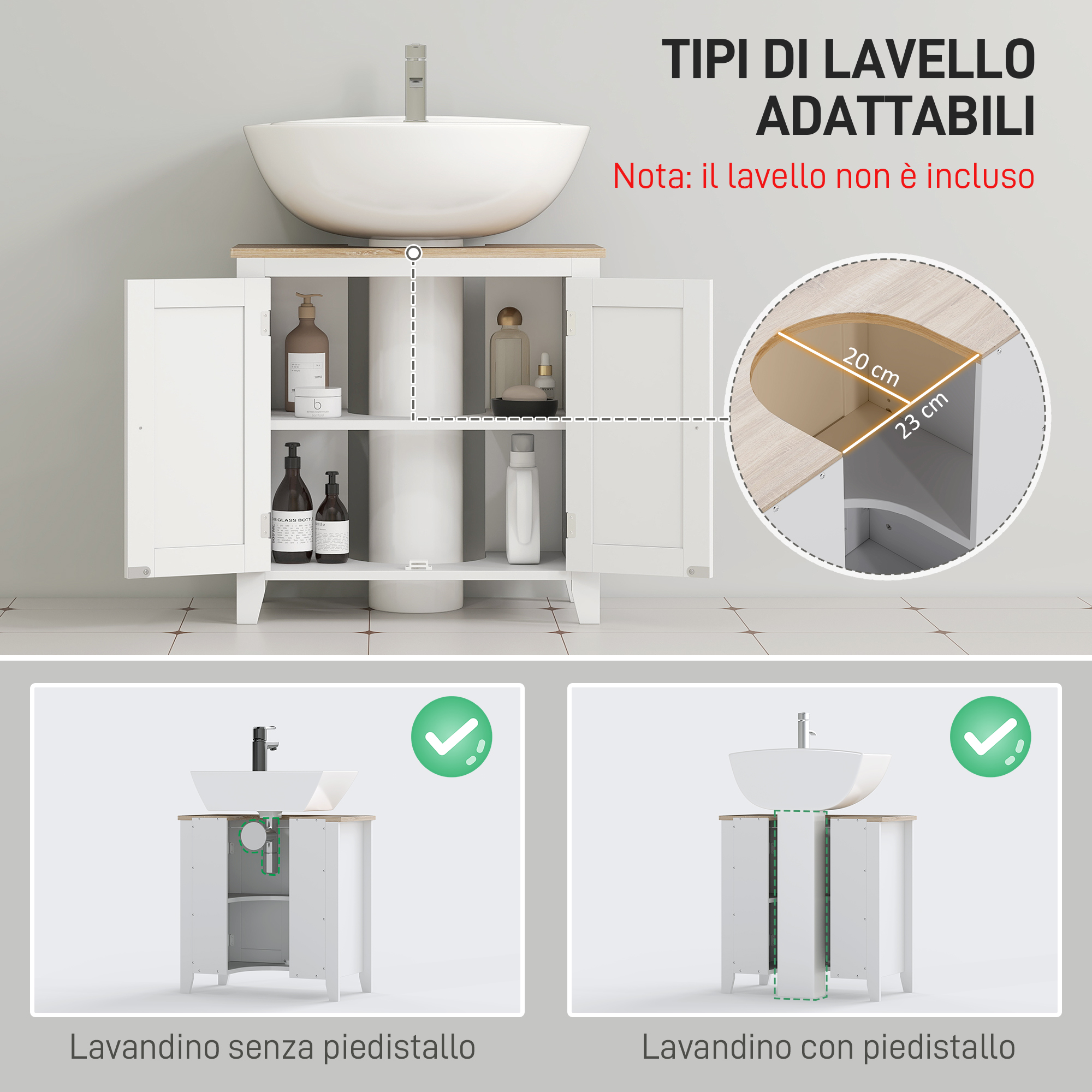 Mueble blanco con puerta abierta, lleno de botellas. Dimensiones: 20x23cm.