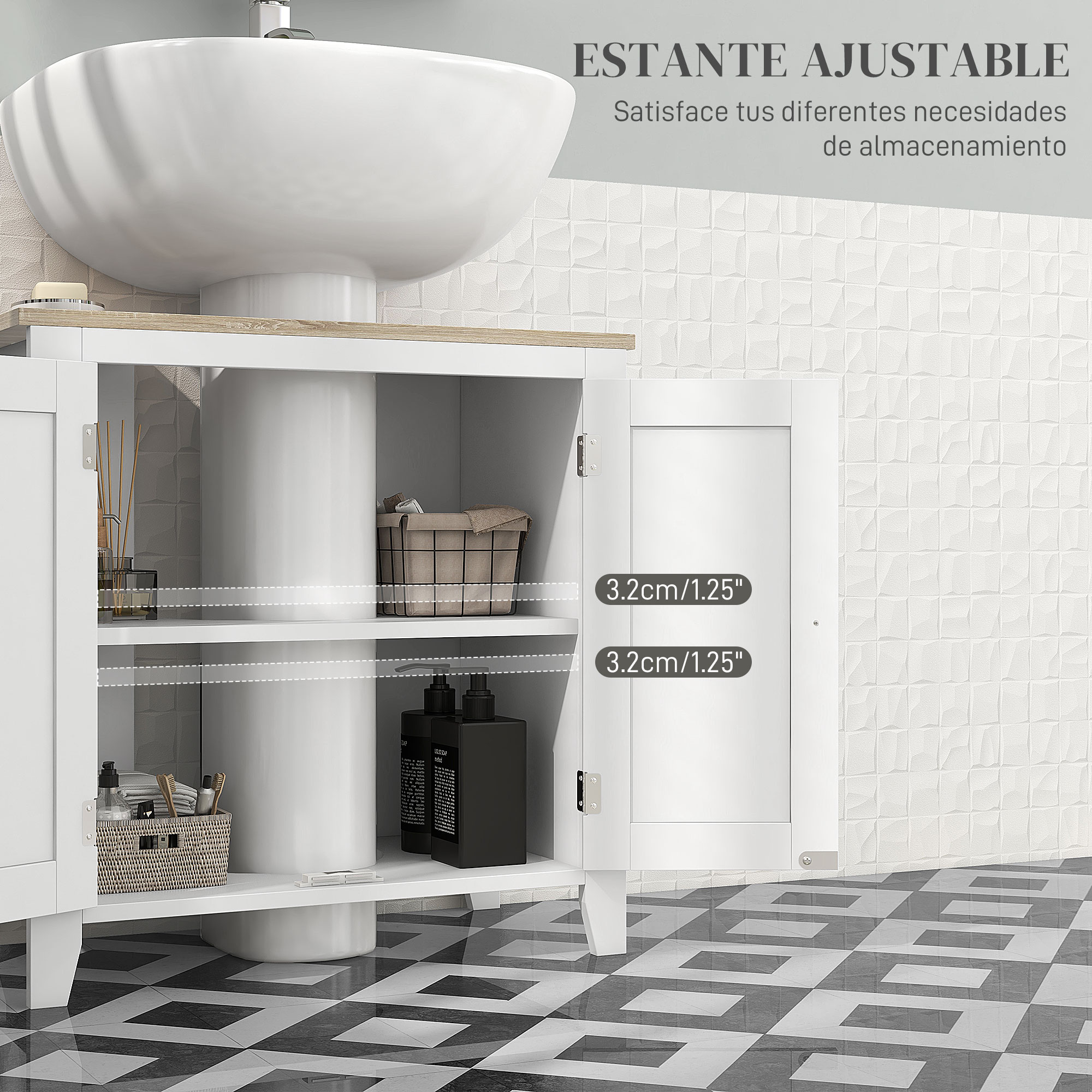 Mueble de baño bajo lavabo con almacenamiento, cestas y dispensadores de jabón.