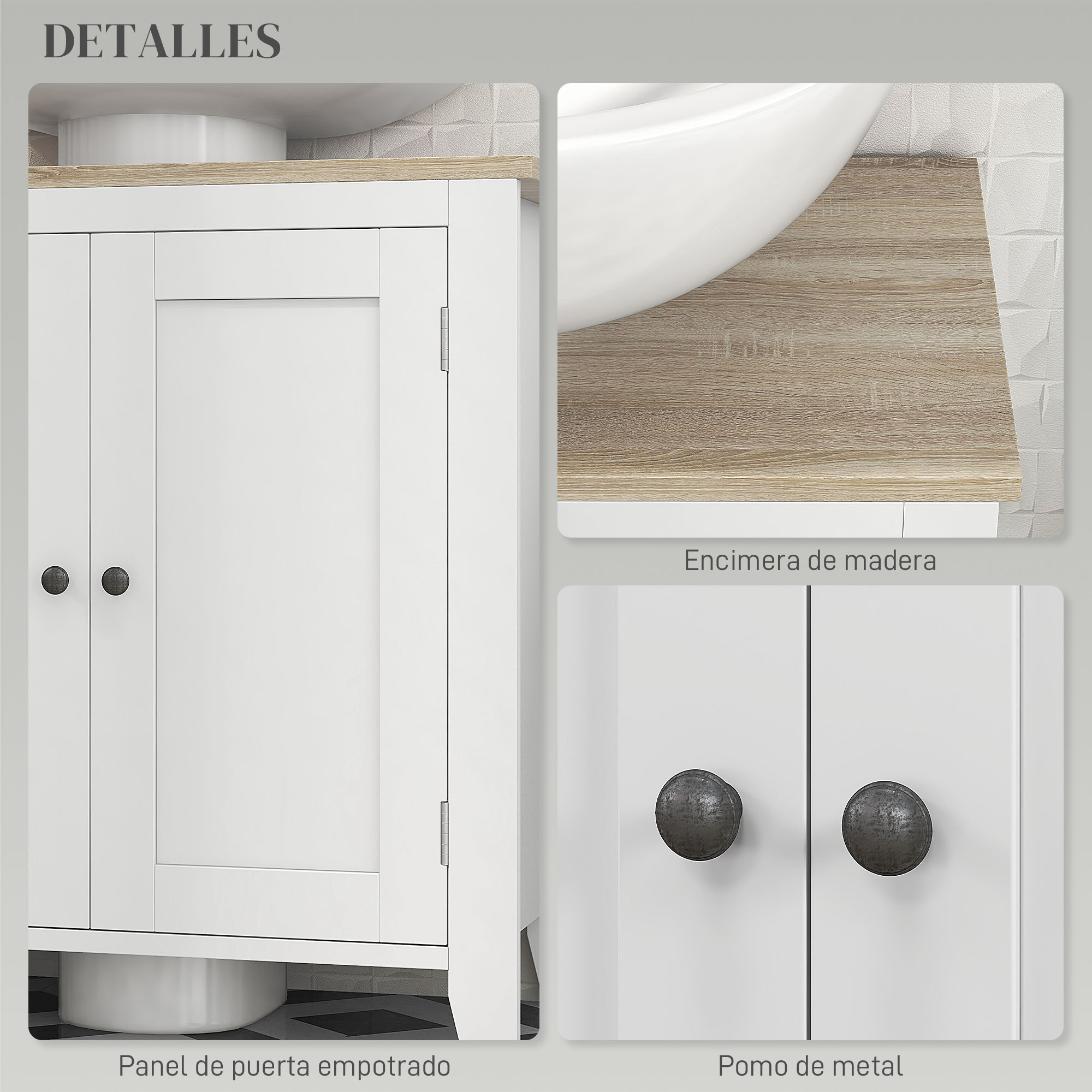 Puertas de armario de baño blancas con tapa de madera y tiradores.