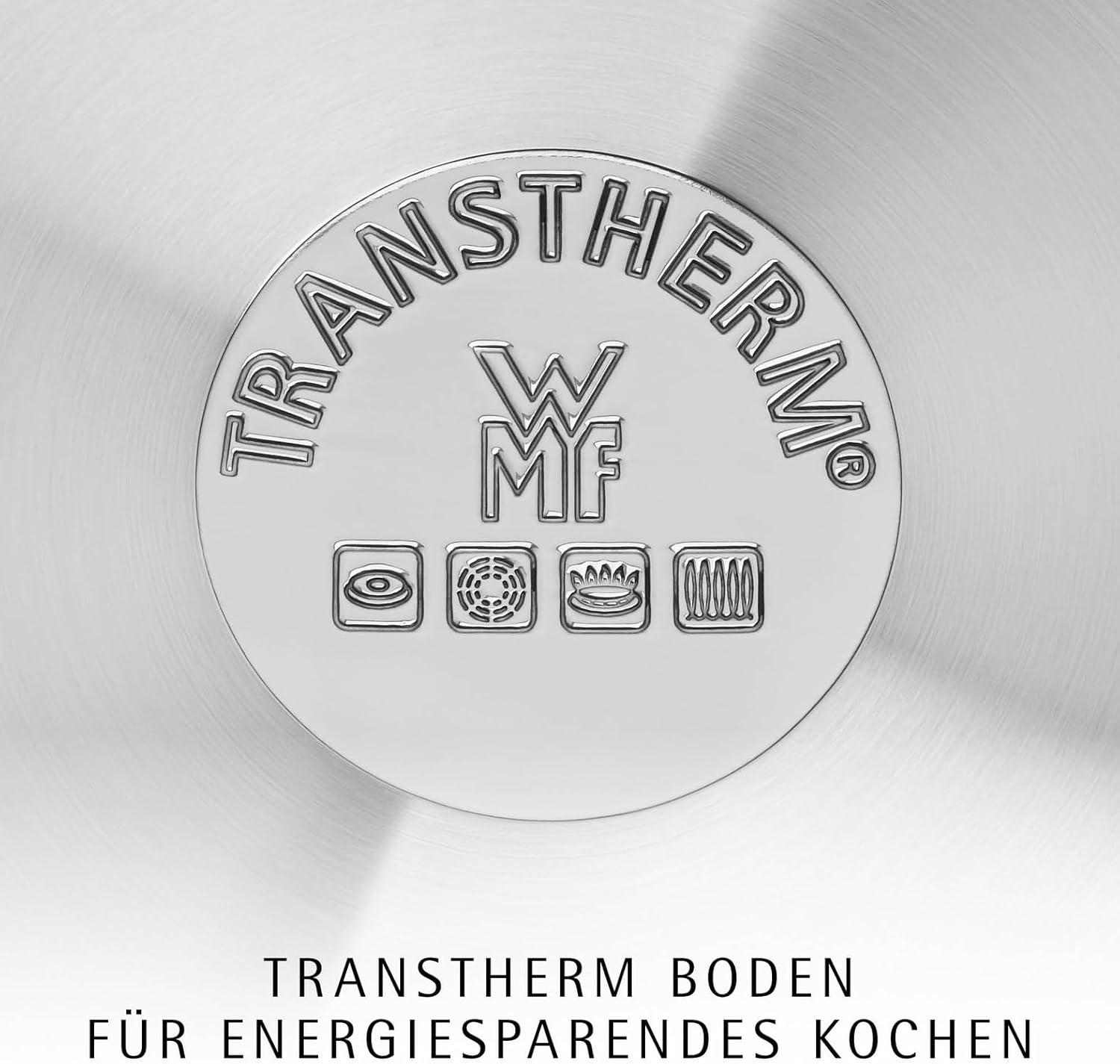 Le fond d'une poêle avec "TRANSTHERM" et symboles de plaques de cuisson.