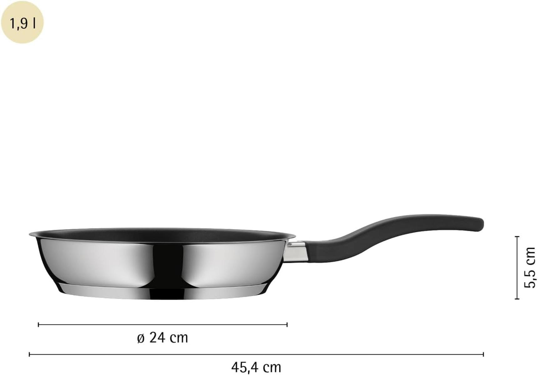 Poêle argentée avec manche noir, 24cm de diamètre, 5,5cm de hauteur, 45,4cm de long.