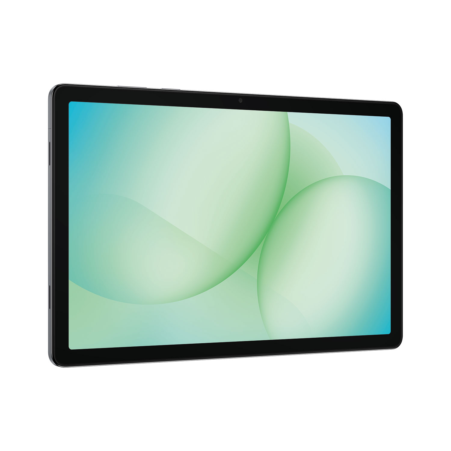 Una tableta negra con un fondo abstracto azul y verde en la pantalla.