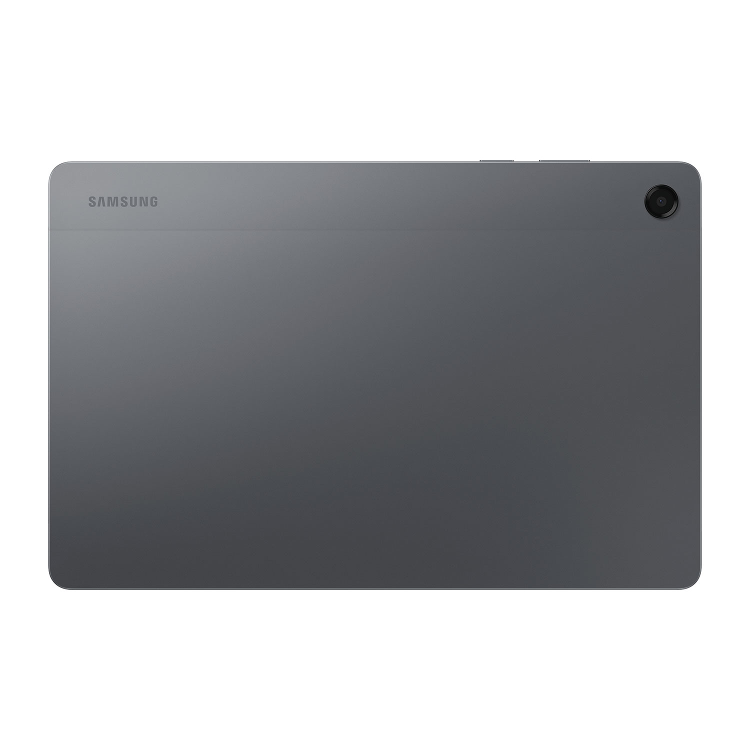 Parte trasera de una tablet Samsung gris con cámara arriba a la derecha.