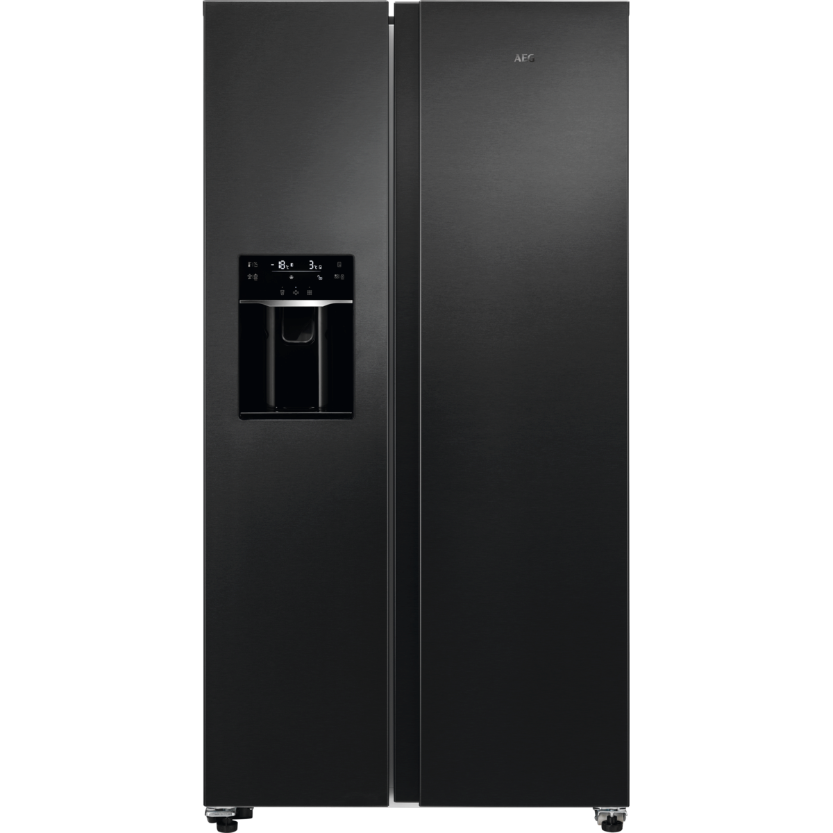 Schwarzer AEG-Kühlschrank mit zwei Türen und Wasserspender.