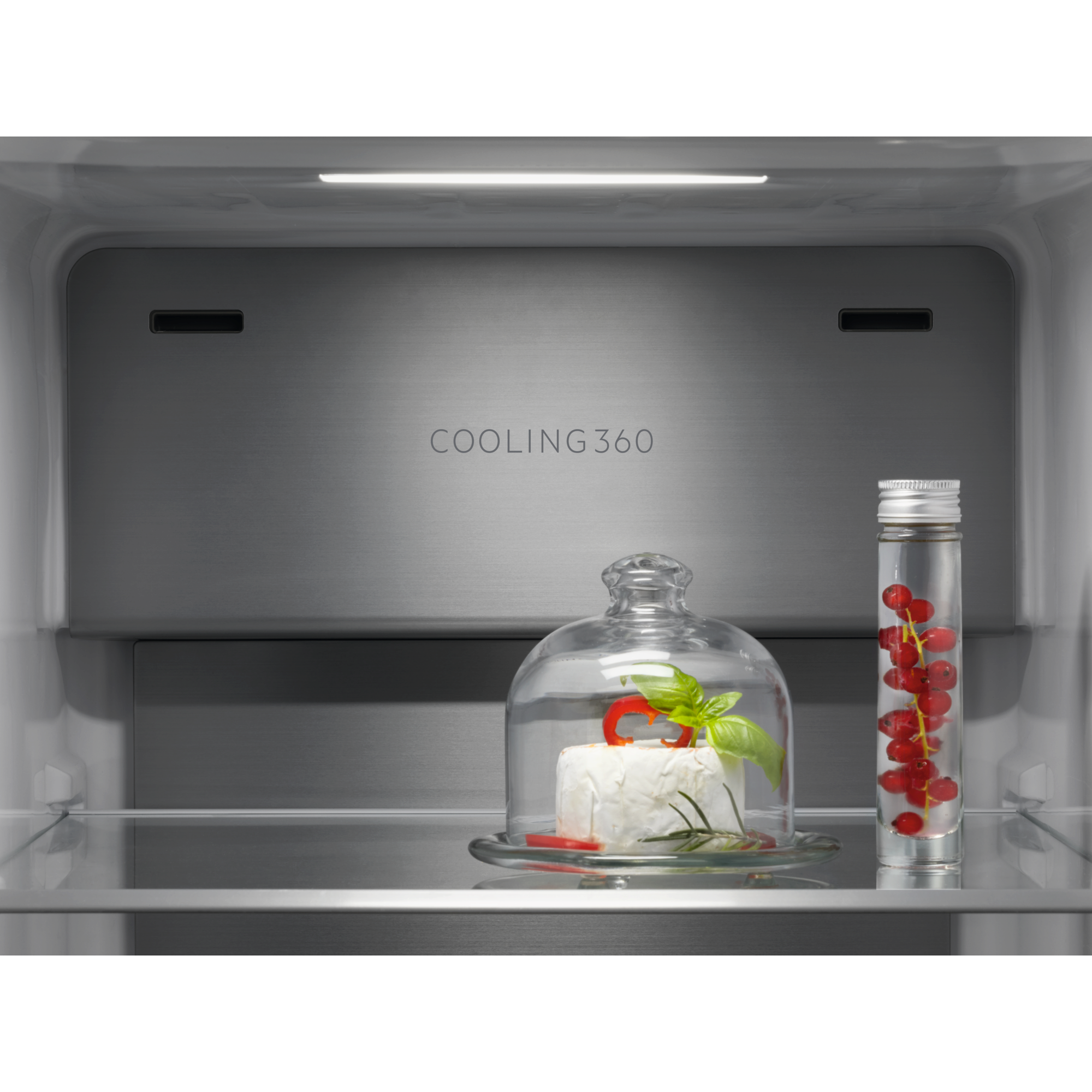 Ein Käseblock unter einer Glasglocke mit Kräutern und Chili, daneben rote Johannisbeeren in einem Glas.